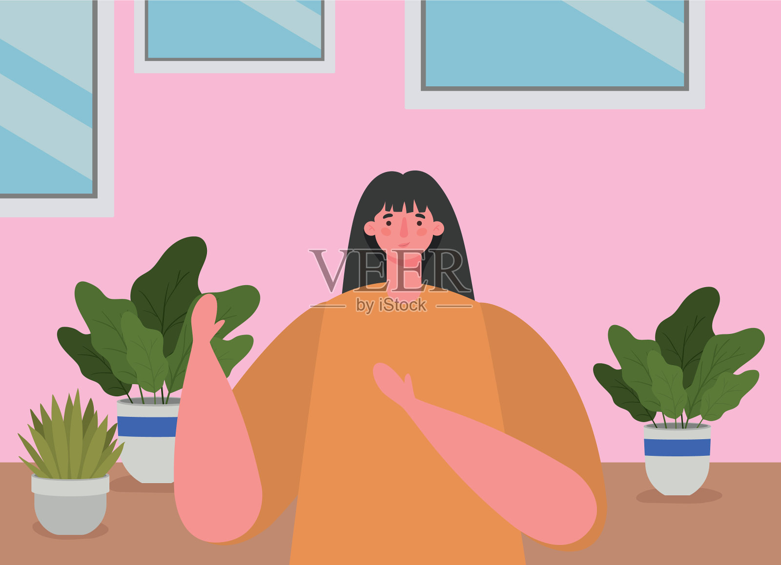 女人卡通植物花盆和框架插画图片素材