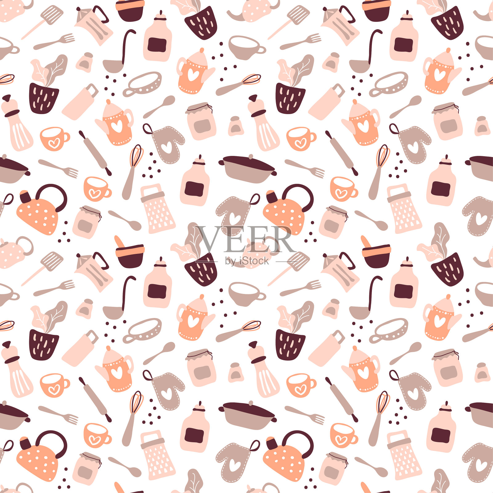 彩色无缝图案与烹饪工具上插画图片素材
