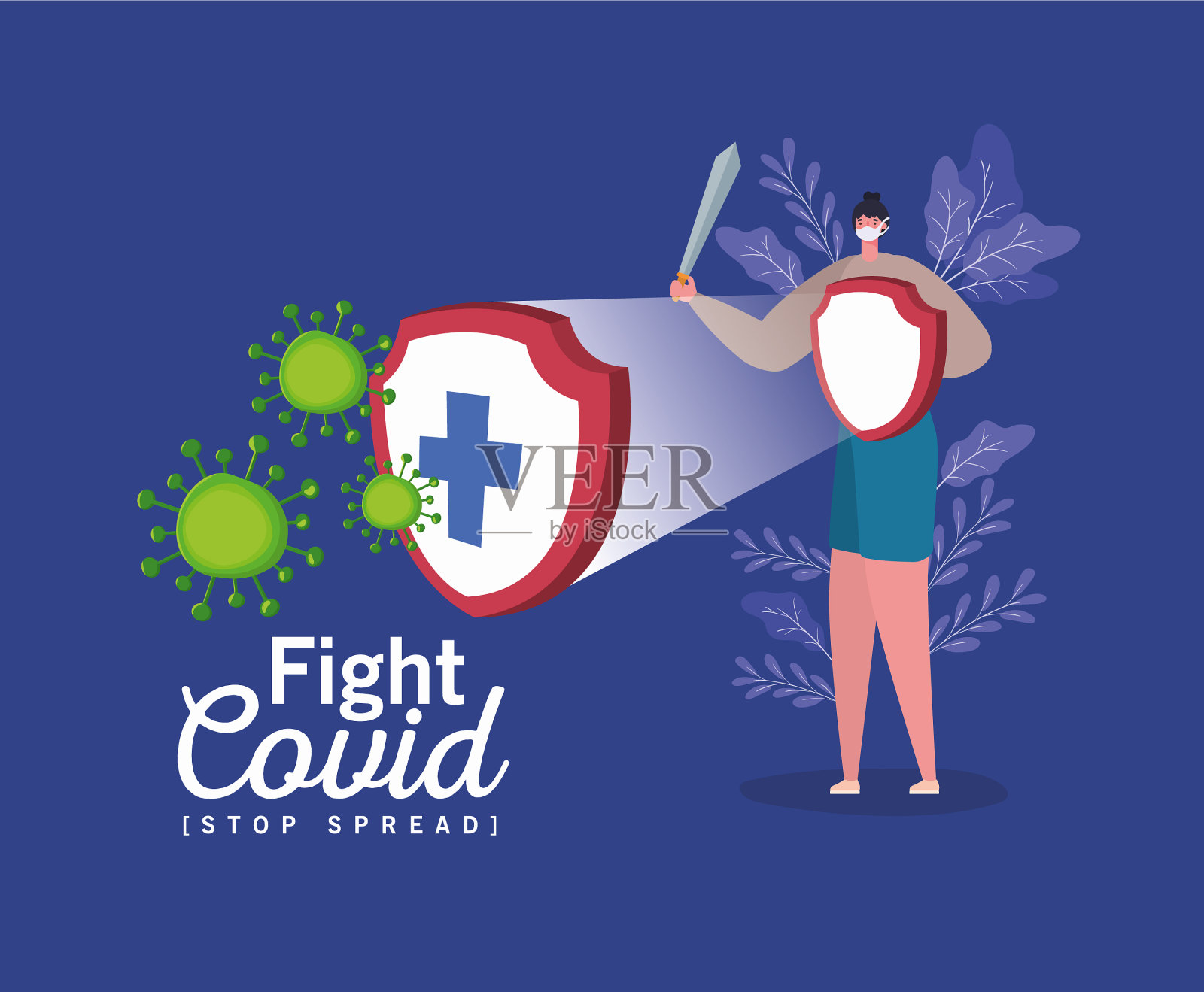 带面具盾牌和剑的女人与covid 19战斗插画图片素材