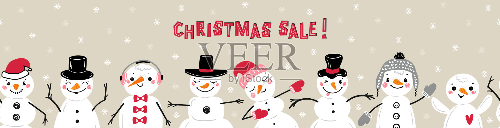 圣诞大减价的横幅上有可爱的雪人。卡通有趣的雪人无缝边界图案。寒假,圣诞节和新年设计插画图片素材