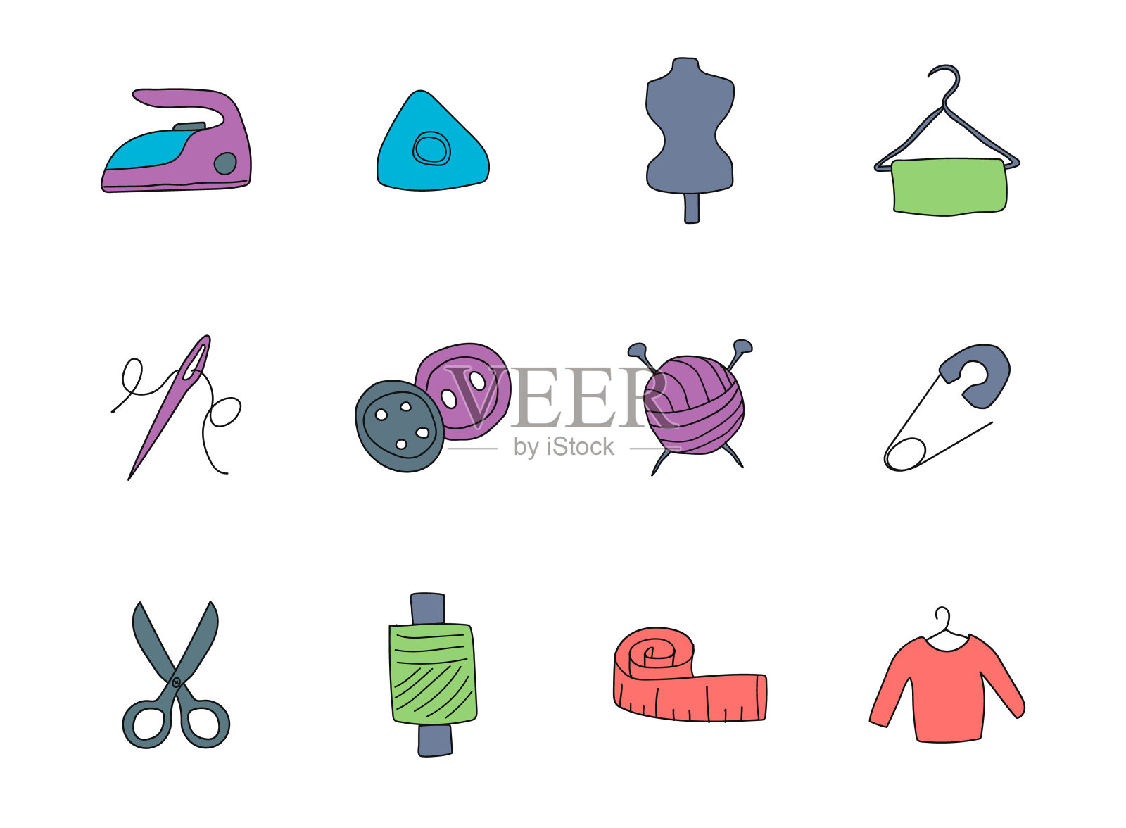 裁减手工绘制的线性矢量图标孤立的白色背景。裁剪的涂鸦图标设置为web和UI设计,移动应用程序和打印产品图标素材