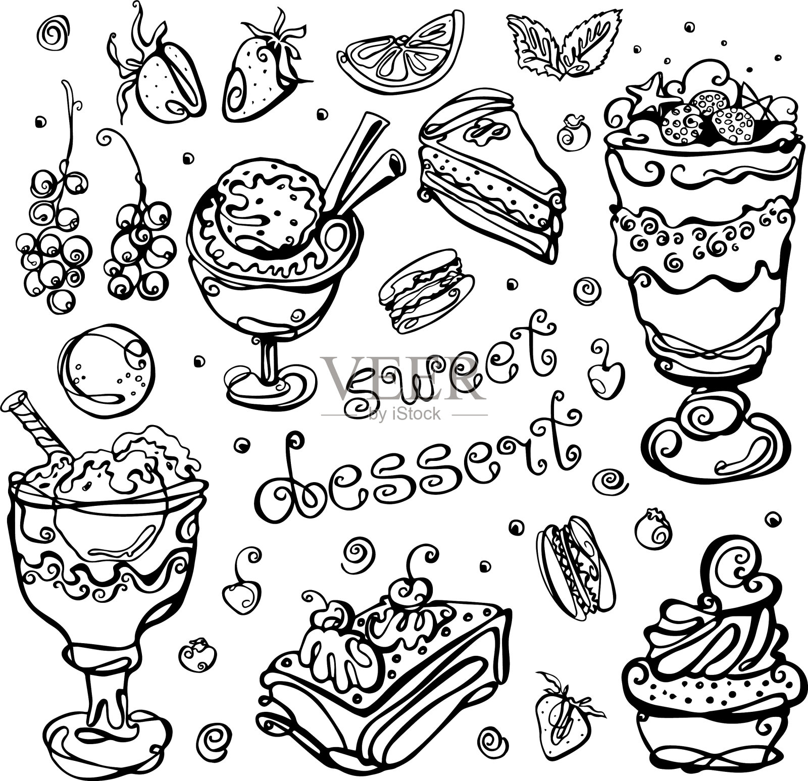 甜点集手绘素描于一体插画图片素材