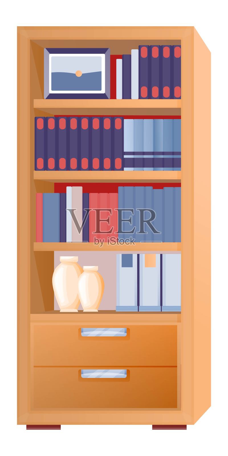 带架子的办公室橱柜。室内设计背景元素矢量插图。现代潮流站与画框,书籍,活页夹,文件,花瓶,封闭抽屉插画图片素材