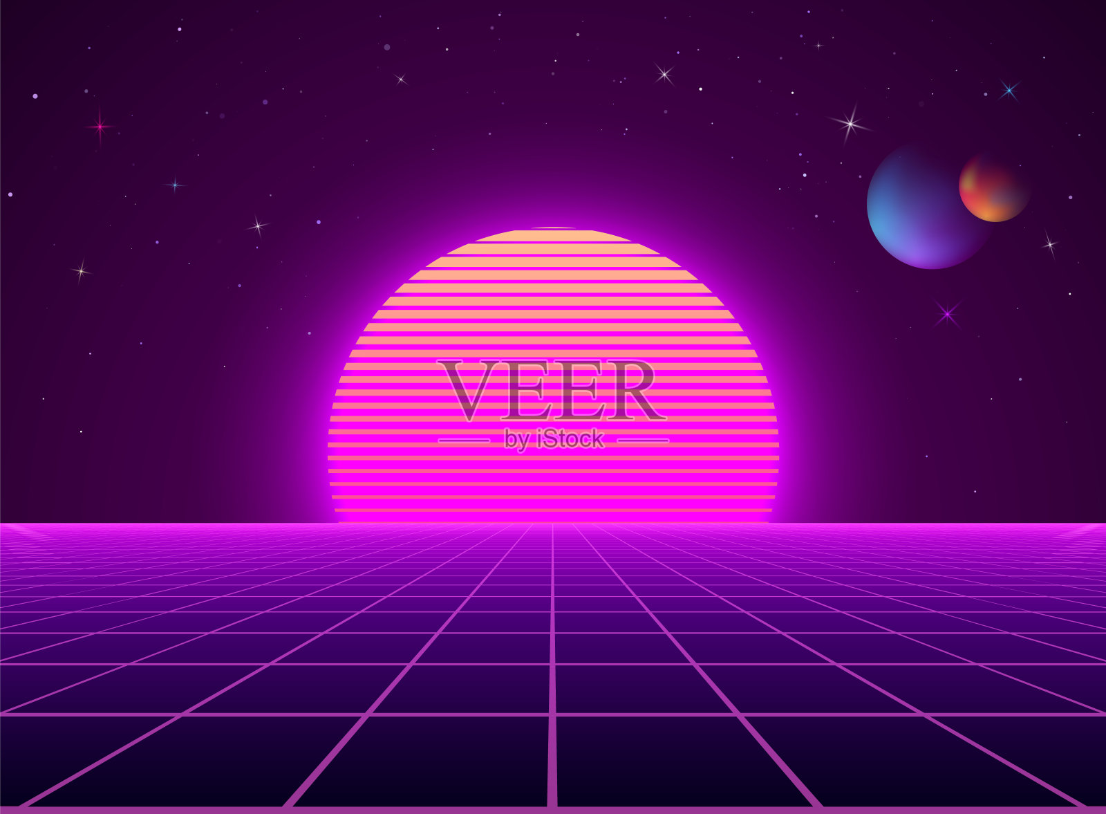 霓虹赛博朋克未来主义景观。科幻背景抽象数字星球。矢量图插画图片素材