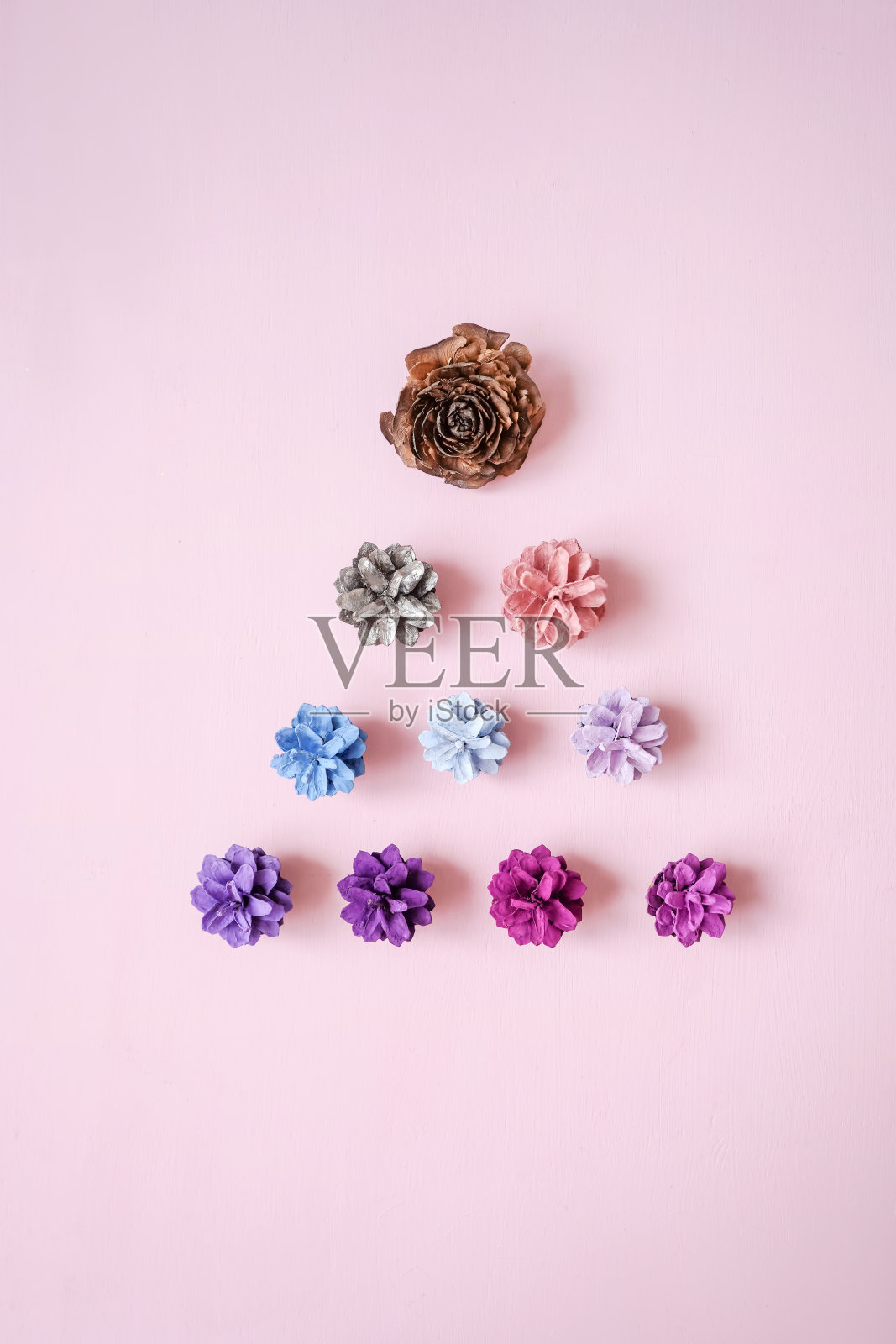 上面是圣诞树上五颜六色的松果照片摄影图片