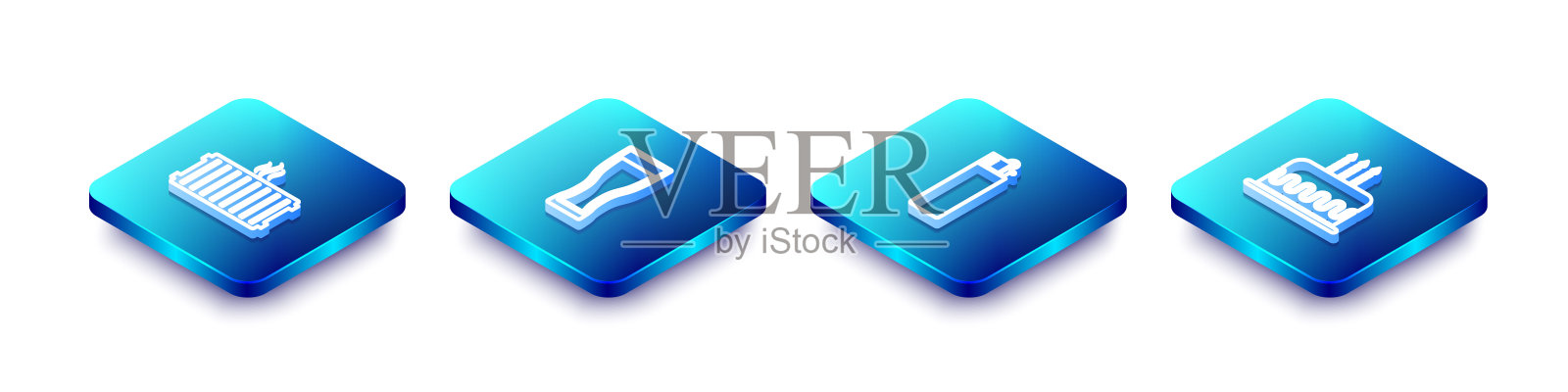 设置等距线加热散热器,啤酒,打火机和蛋糕与燃烧的蜡烛图标。向量图标素材