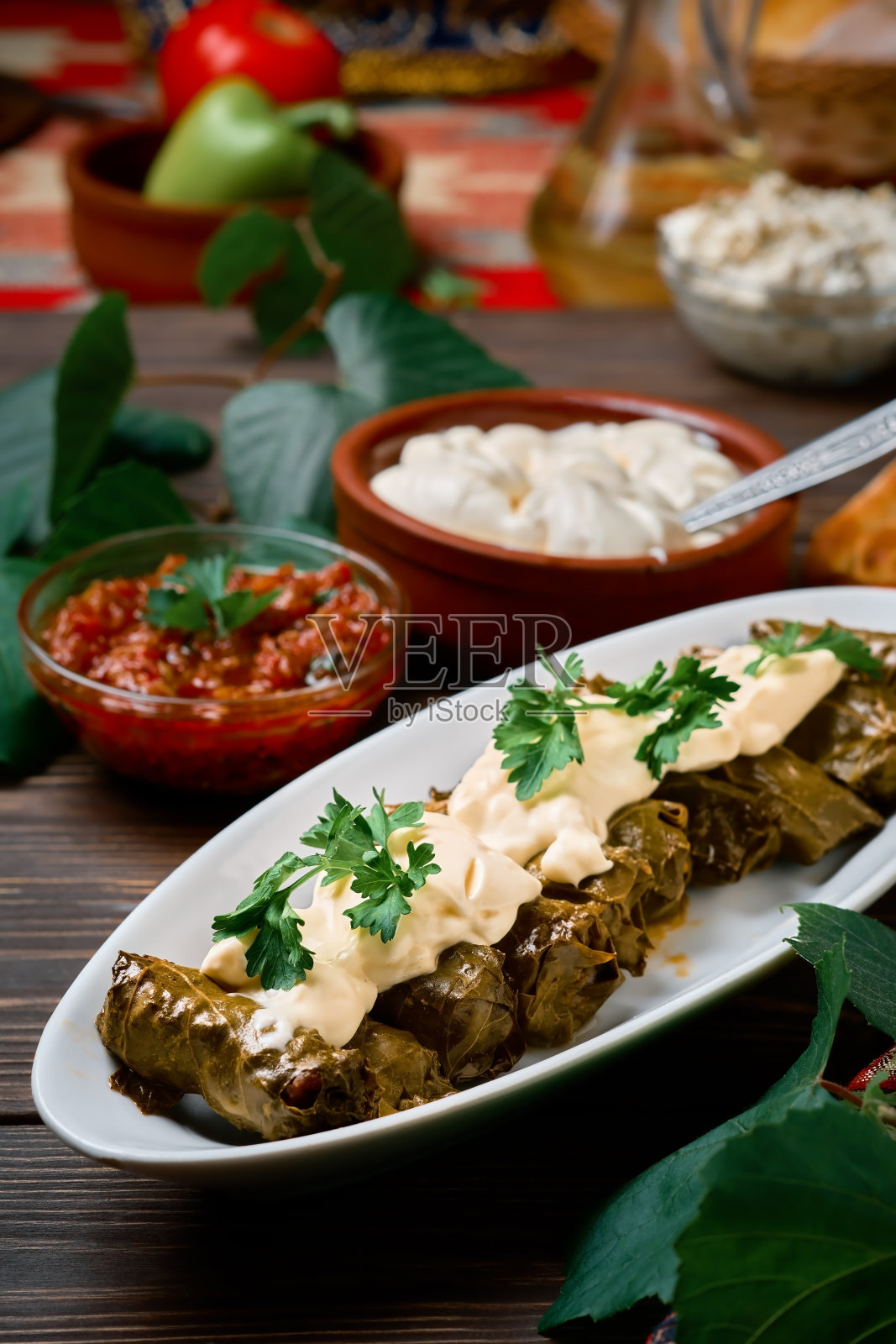 地中海美食- dolma在盘子与新鲜的香菜和酱汁在深色的木桌上,特写的侧面视图。白种人,土耳其人和希腊人的传统菜肴,肉和葡萄叶照片摄影图片