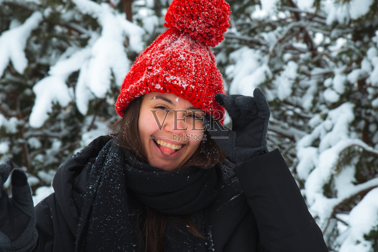 年轻微笑的女人的肖像在冬天的衣服在红帽子与bubo冷杉树的背景照片摄影图片