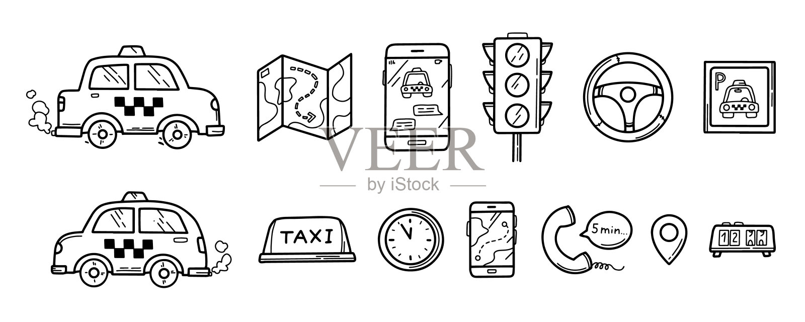 出租车的图标在手绘涂鸦风格图标素材