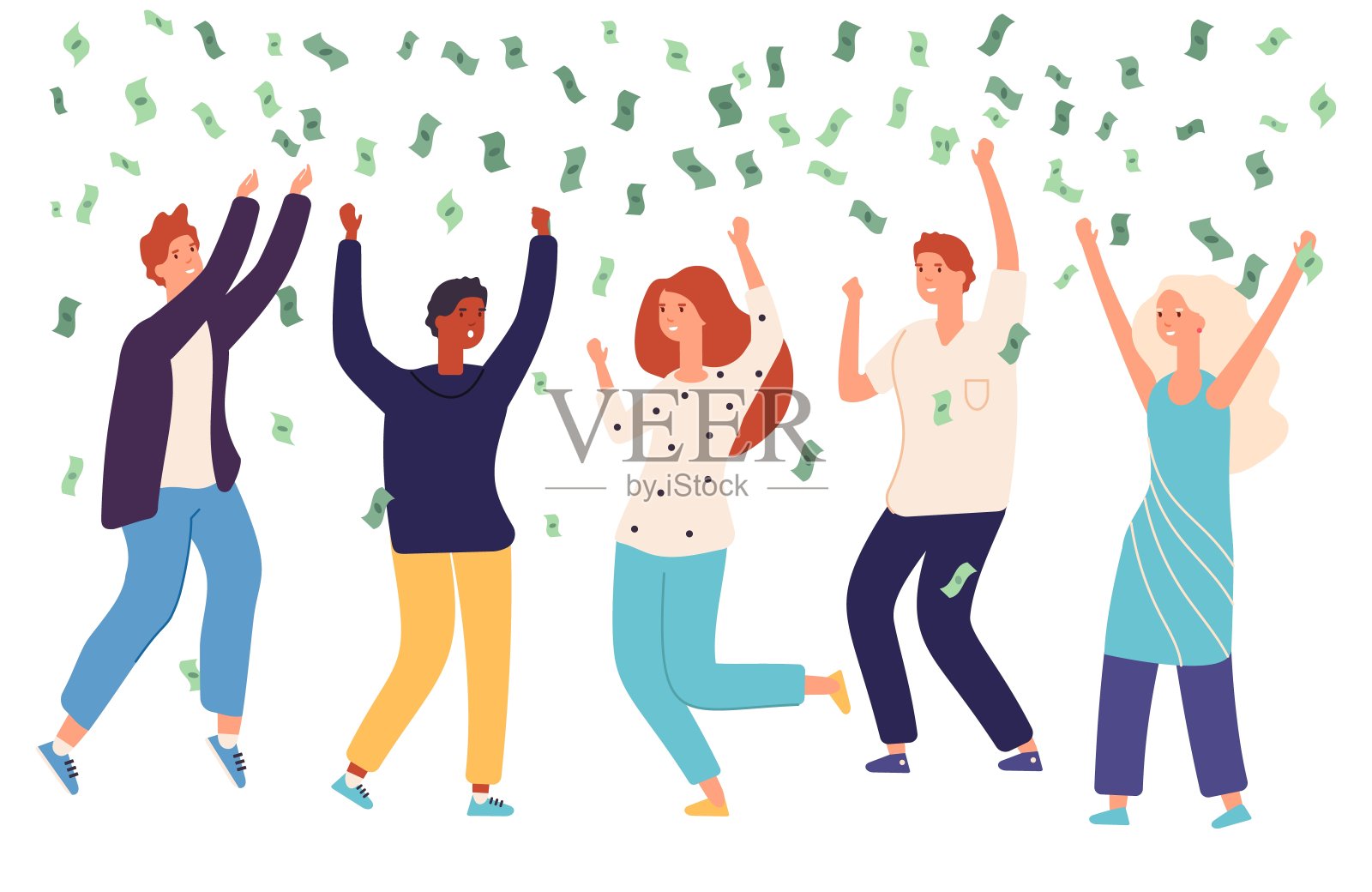 雨人钱。快乐的人下雨美元。成功的年轻创业团队插画图片素材