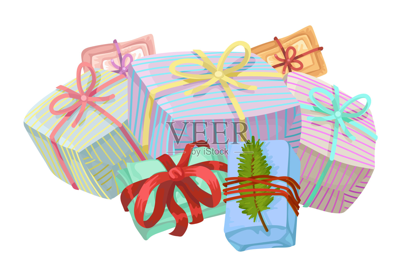 一大堆彩色包装的礼物。矢量图插画图片素材