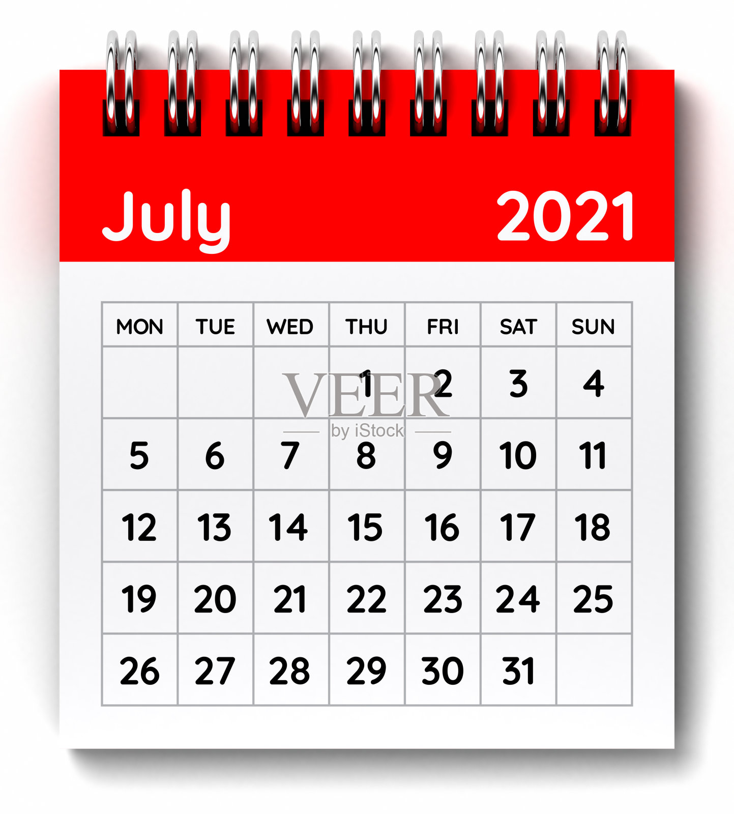 2021年7月日历。一周从星期一开始。照片摄影图片