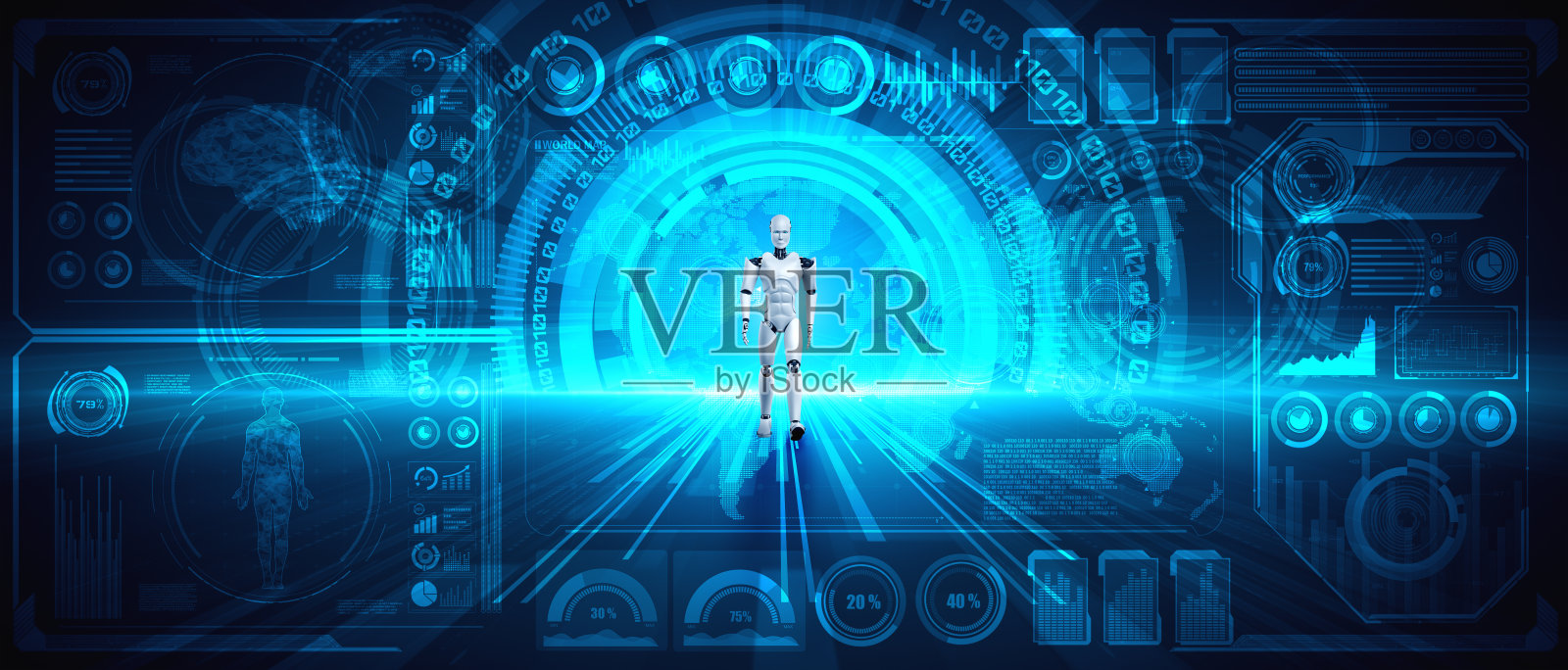 利用AI思维分析大数据的人形机器人3D渲染照片摄影图片