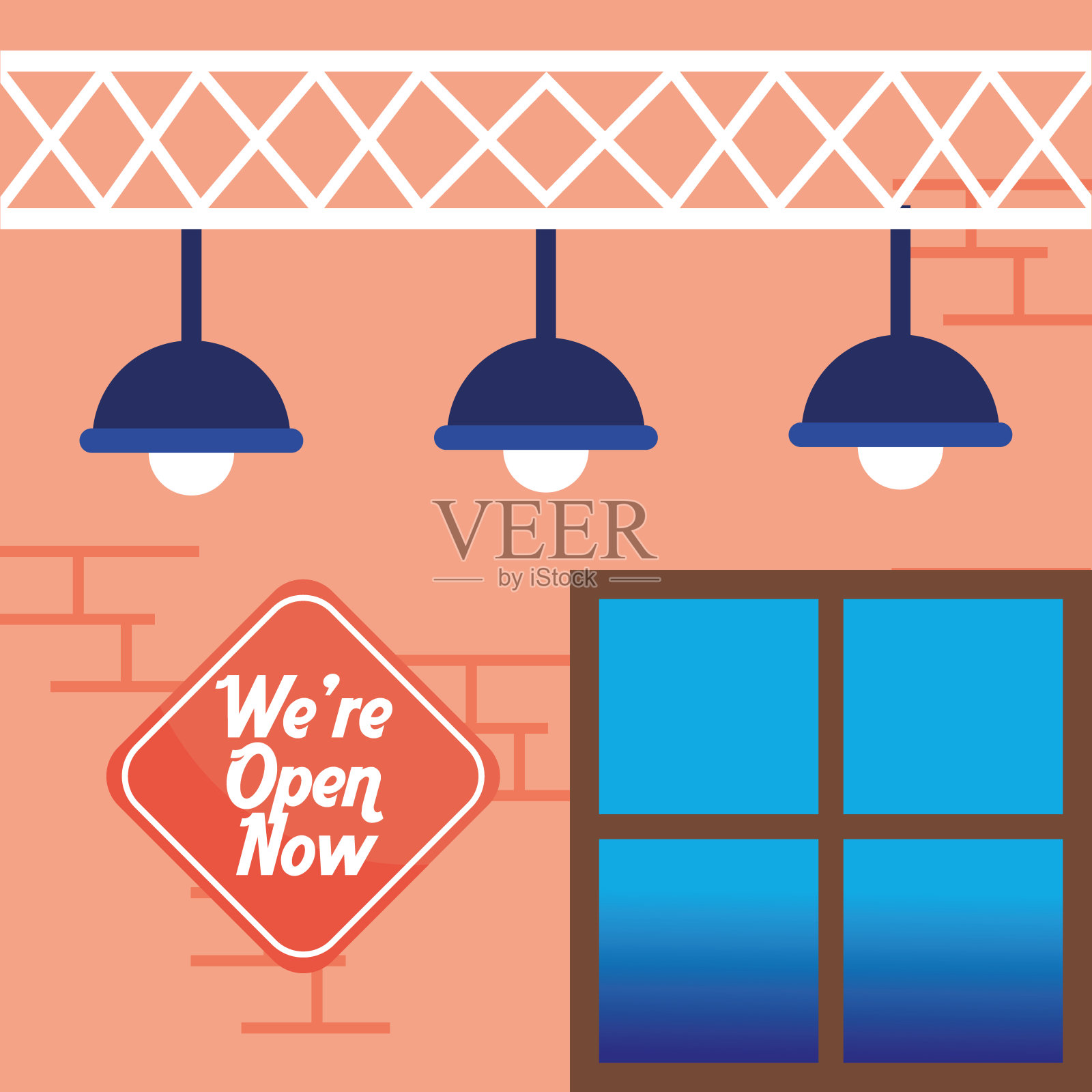 我们现在开业了,重新开业,有灯有字插画图片素材