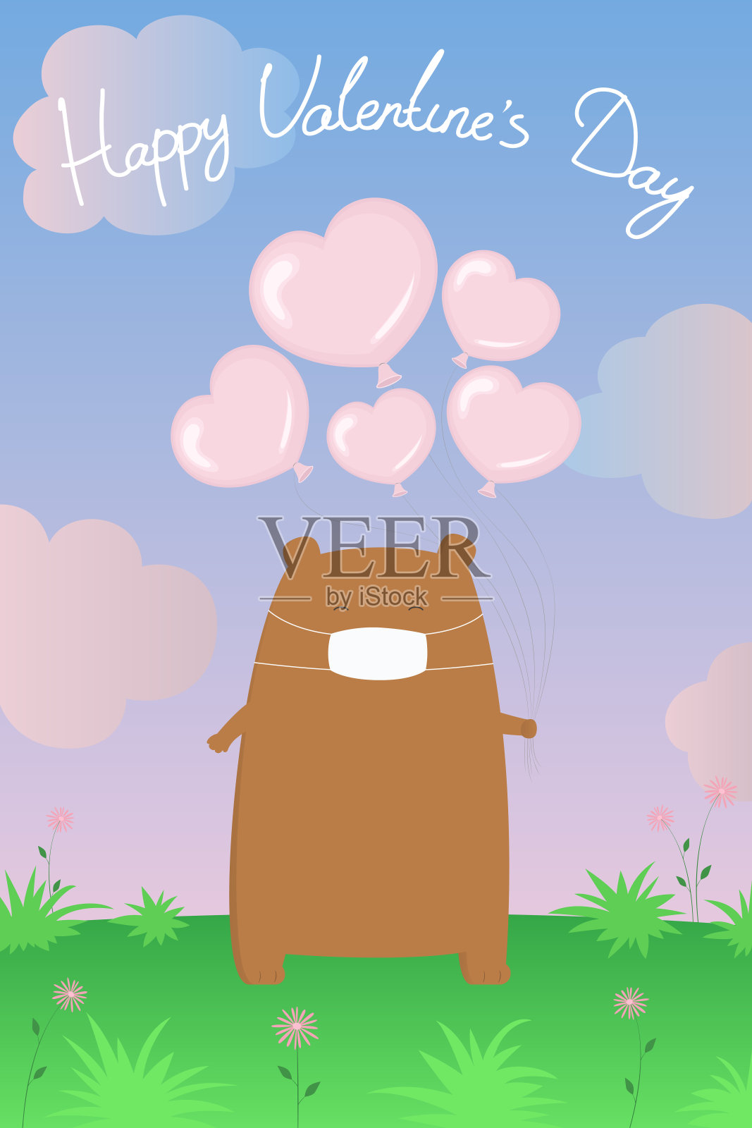 情人节海报。戴面具的动物拿着氦气球。卡通风格。矢量图插画图片素材