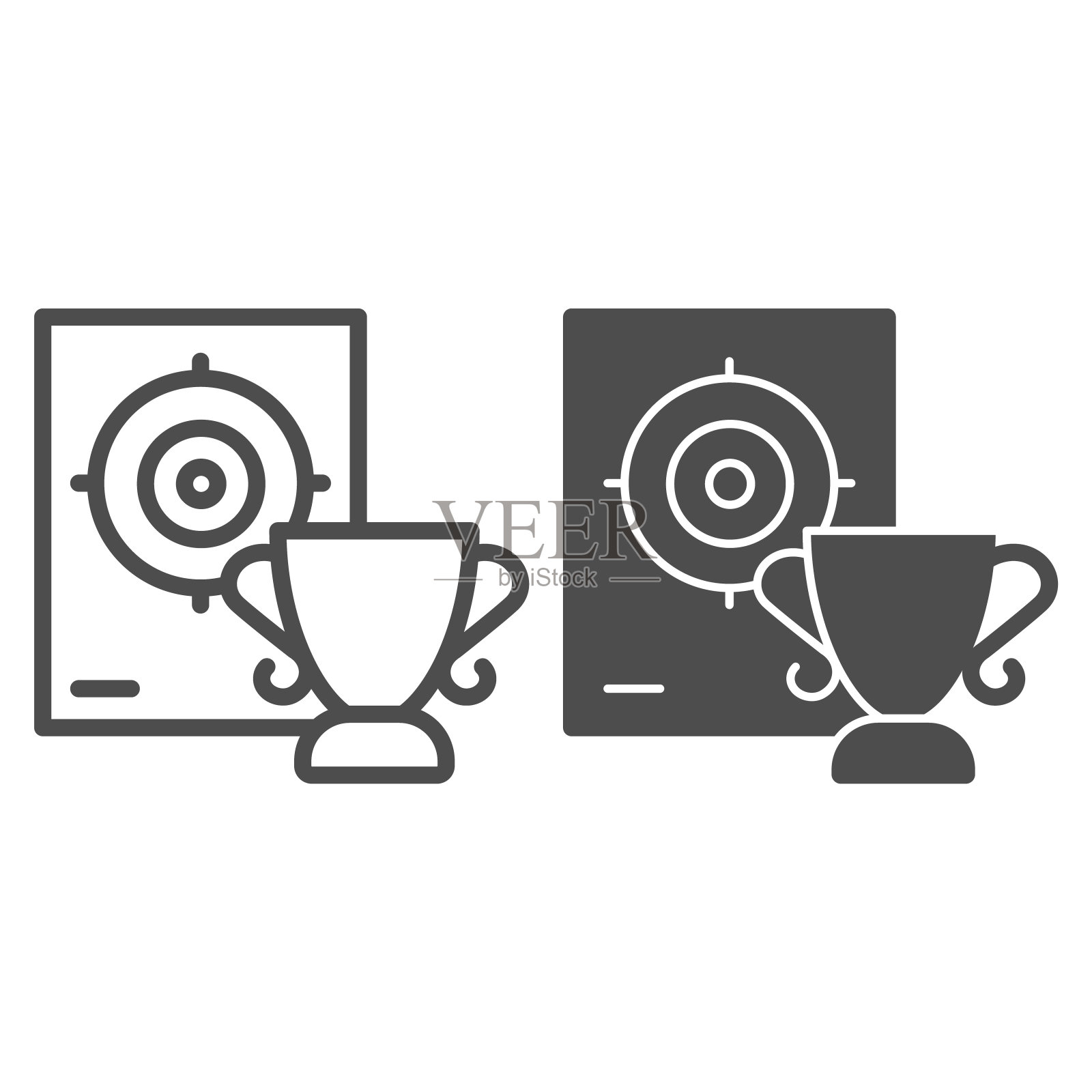 杯和目标线和固体图标,自卫概念,射击范围和酒杯标志在白色的背景,赢家在射击范围图标在轮廓风格的移动概念。矢量图形。插画图片素材