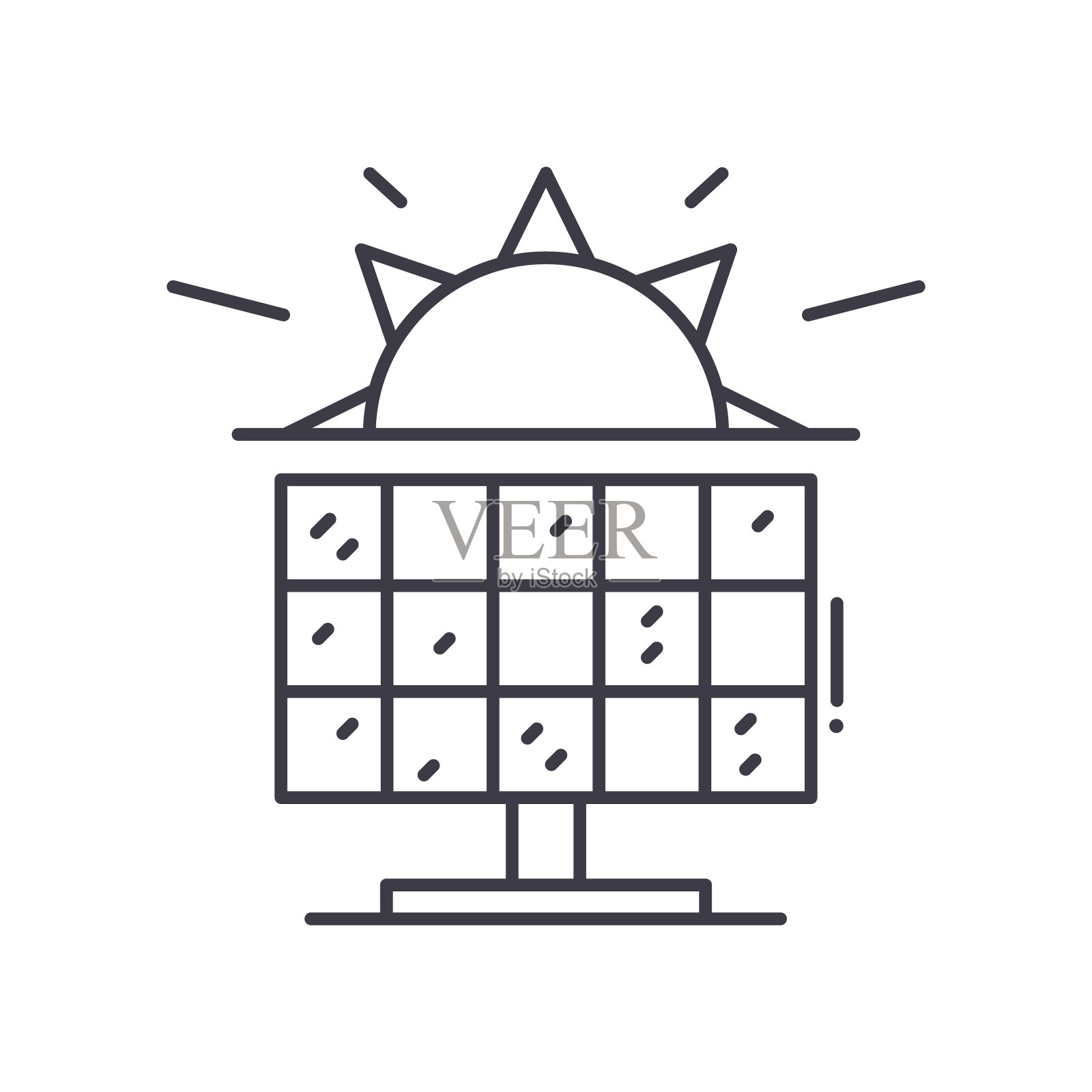 太阳能图标,线性孤立的插图,细线矢量,网页设计标志,轮廓概念符号与可编辑的白色背景笔触。插画图片素材