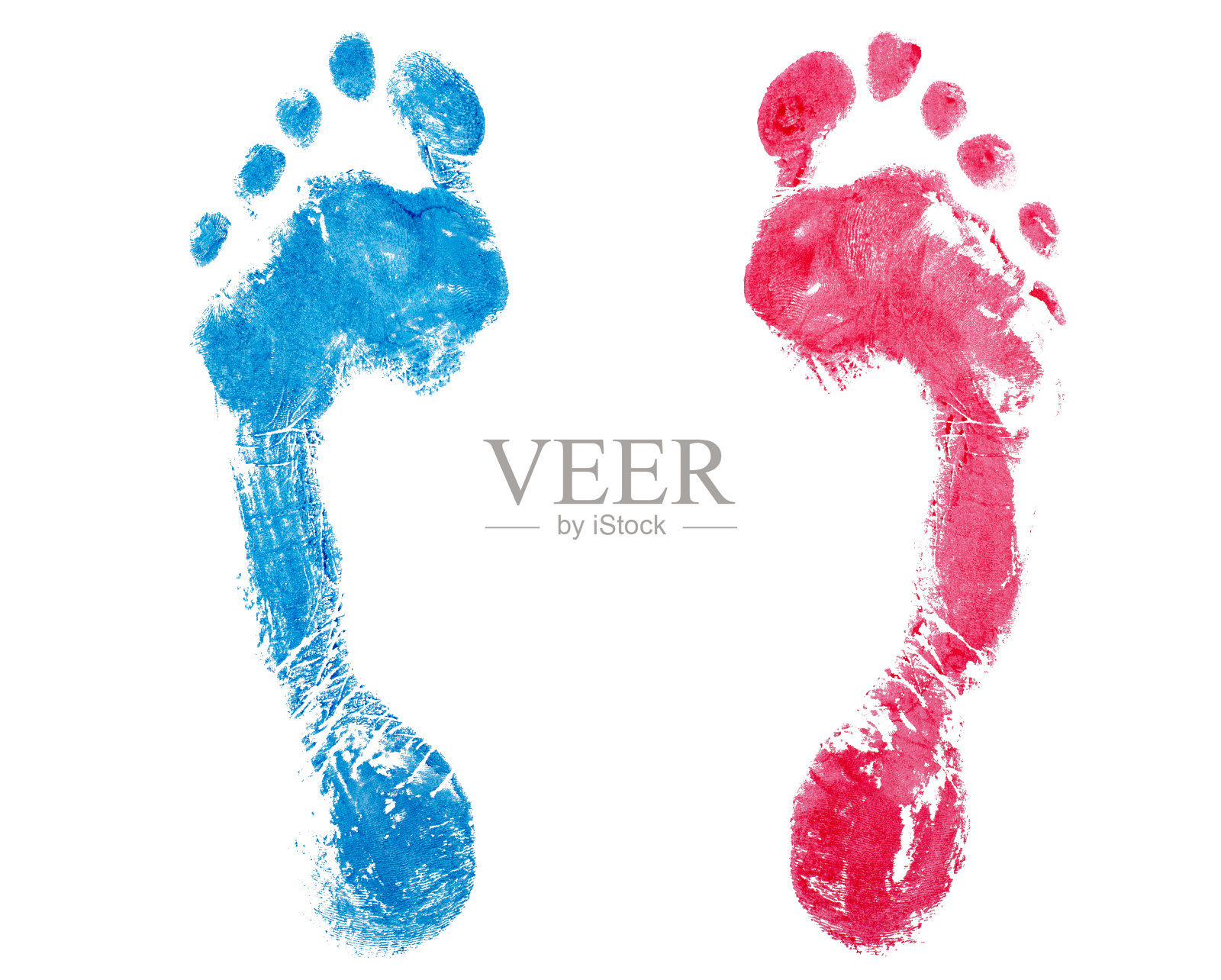 蓝色和红色的人类脚印白色背景孤立近距离,彩色的脚印图案,赤脚脚剪影插图,两个光脚印,水彩颜料标记,墨水画印照片摄影图片