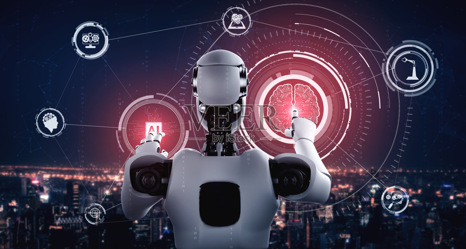 人工智能仿人机器人触摸虚拟全息屏幕,展示人工智能大脑的概念照片摄影图片