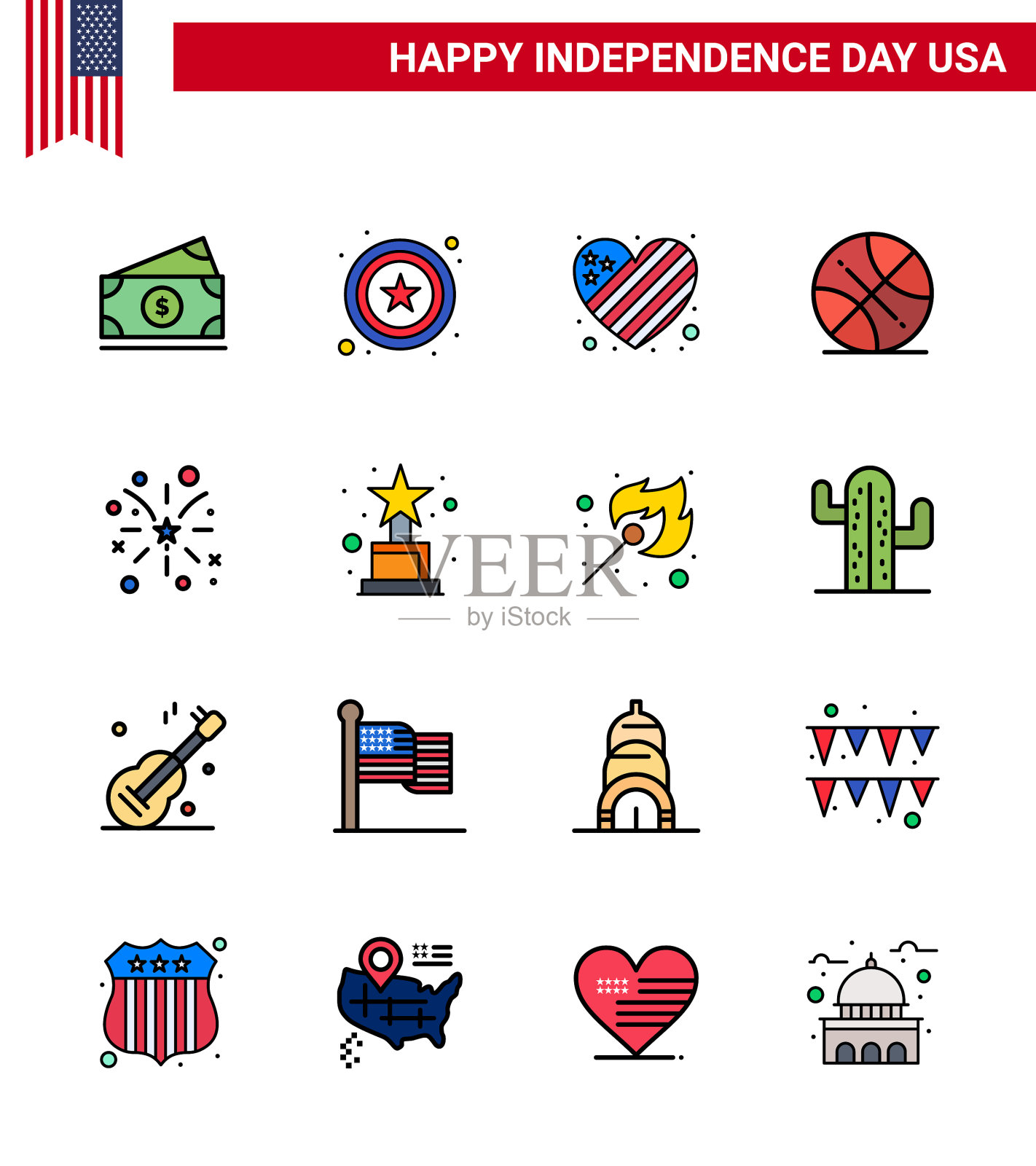 在美国7月4日设置16条平坦填充线插画图片素材