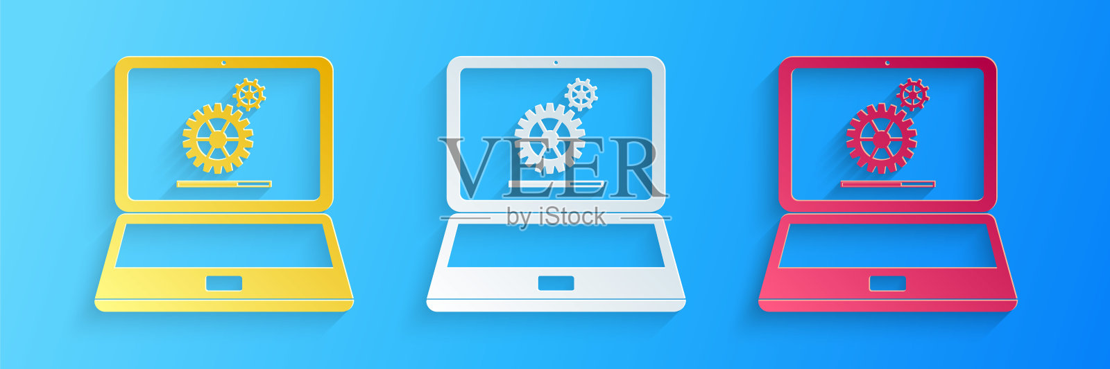 剪纸笔记本电脑和齿轮图标孤立在蓝色背景。调整应用程序,服务,设置选项,维护,修复,固定笔记本概念。纸艺术风格。向量插画图片素材