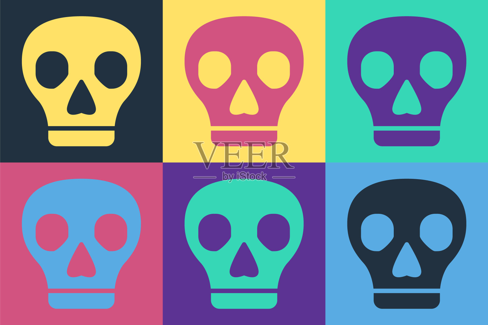 流行艺术骷髅图标孤立的颜色背景。向量插画图片素材