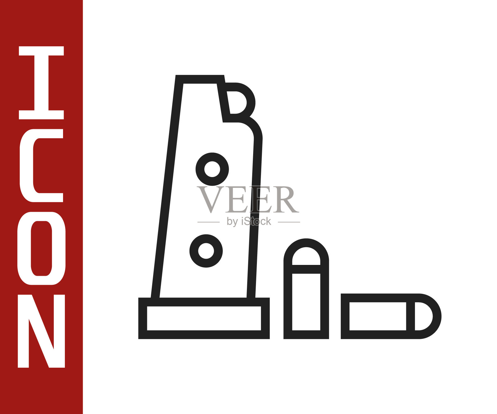 黑色线枪和子弹的图标孤立在白色的背景。向量插画图片素材