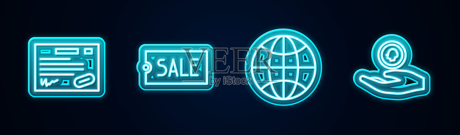 设置行质保证书模板,价格标签与文字销售,世界各地和手握硬币钱。发光的霓虹灯图标。向量插画图片素材