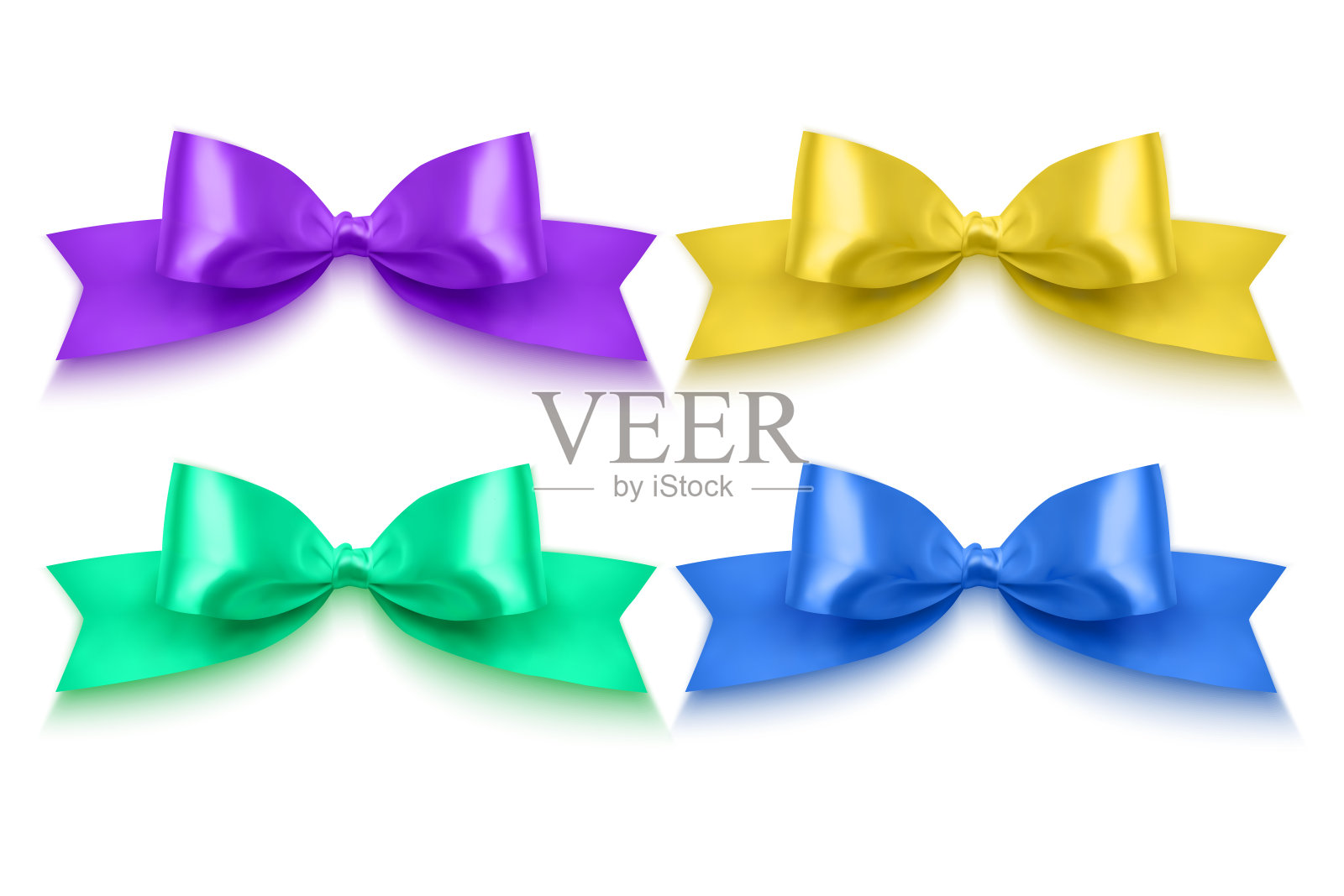 一套现实的蝴蝶结紫色,蓝色,黄色和绿色的颜色装饰明信片,假日盒等,蝴蝶结装饰在白色的背景,矢量插图设计元素图片