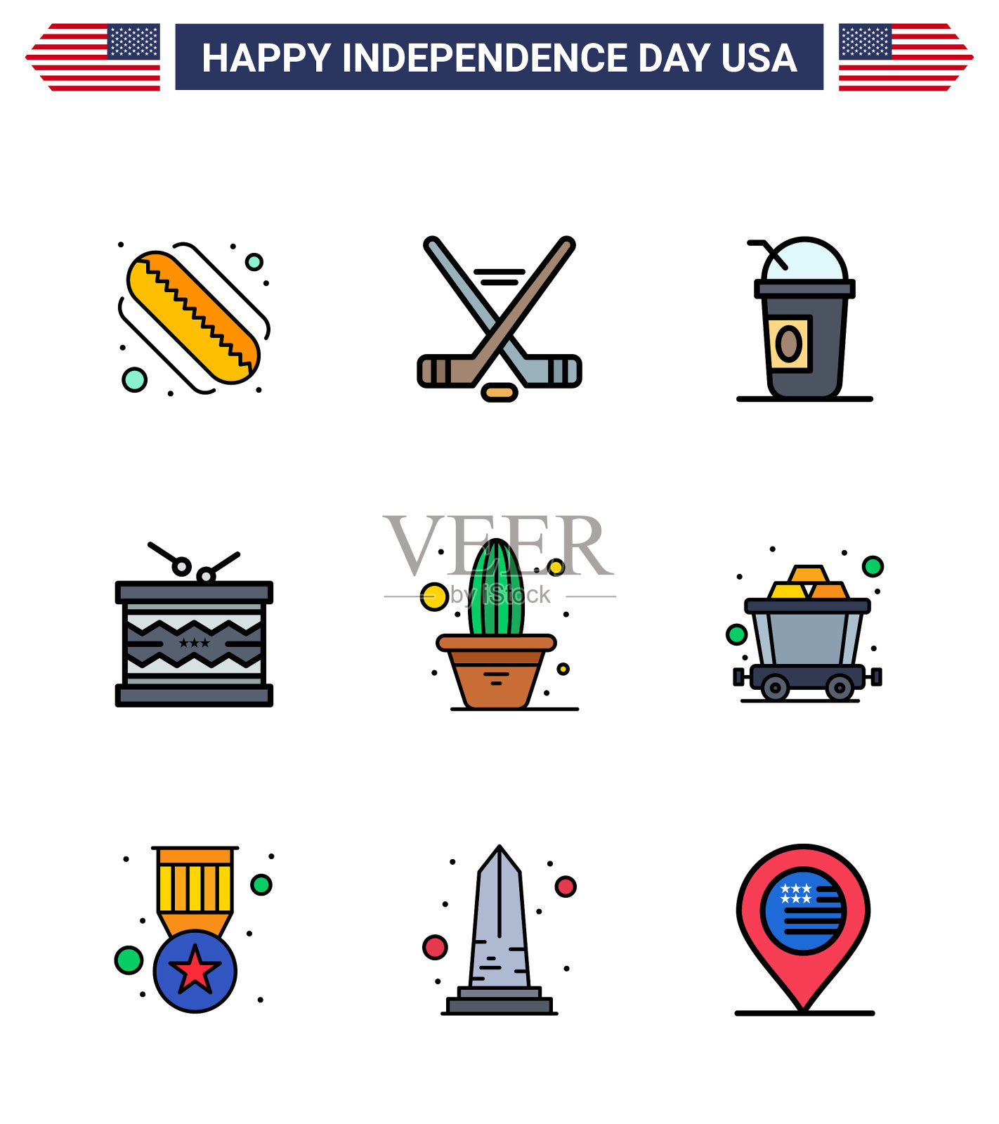 美国独立日平填线9套插画图片素材