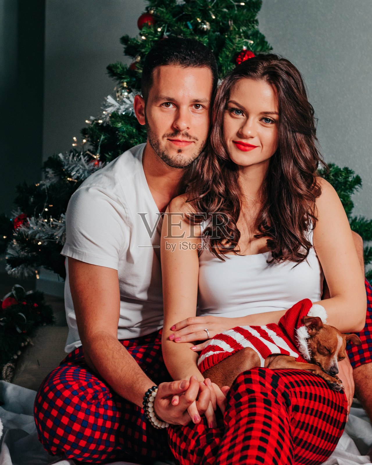 快乐的年轻家庭和他们的小狗坐在圣诞树下照片摄影图片