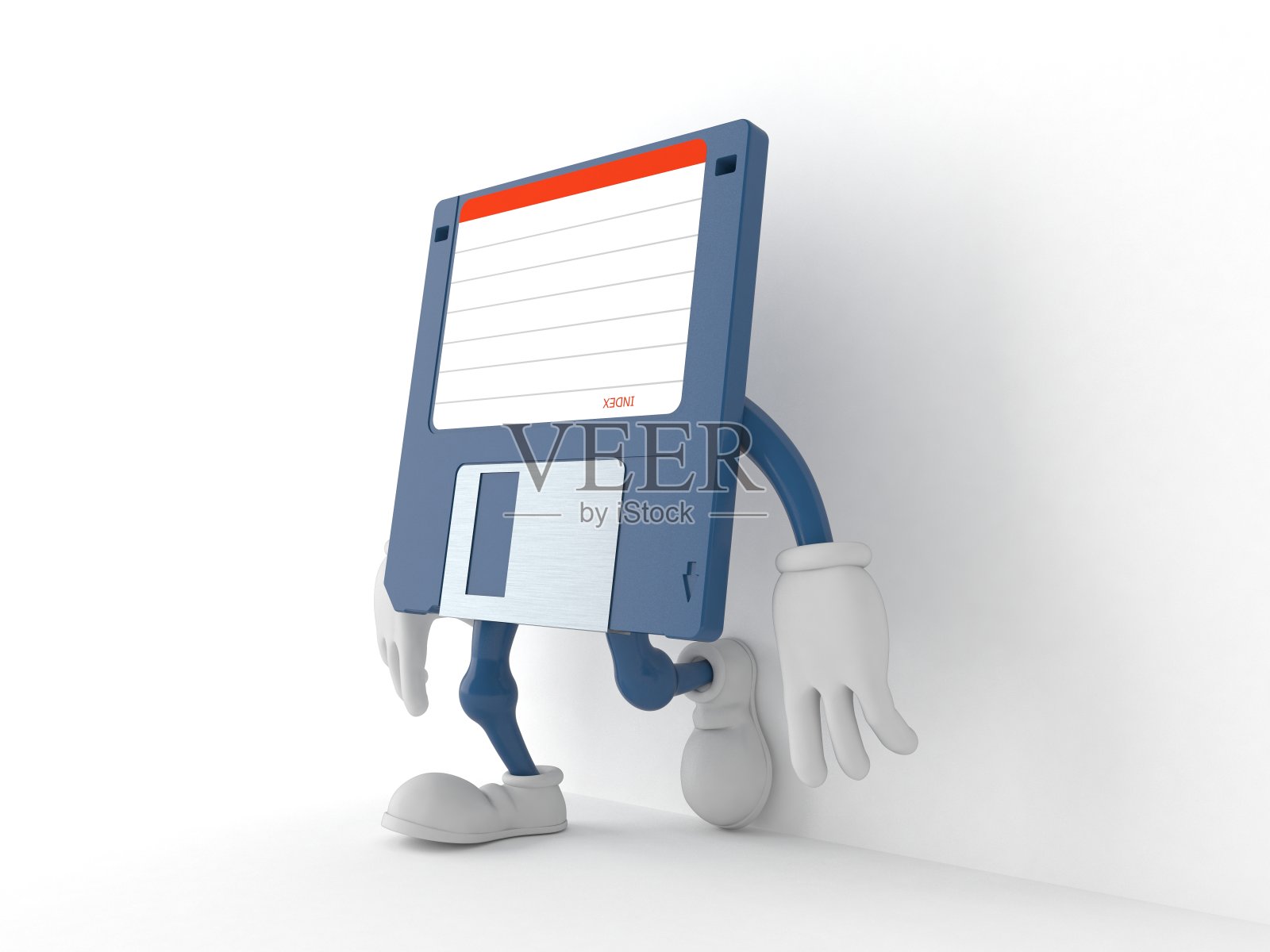 软盘人物靠在墙上,白色背景照片摄影图片