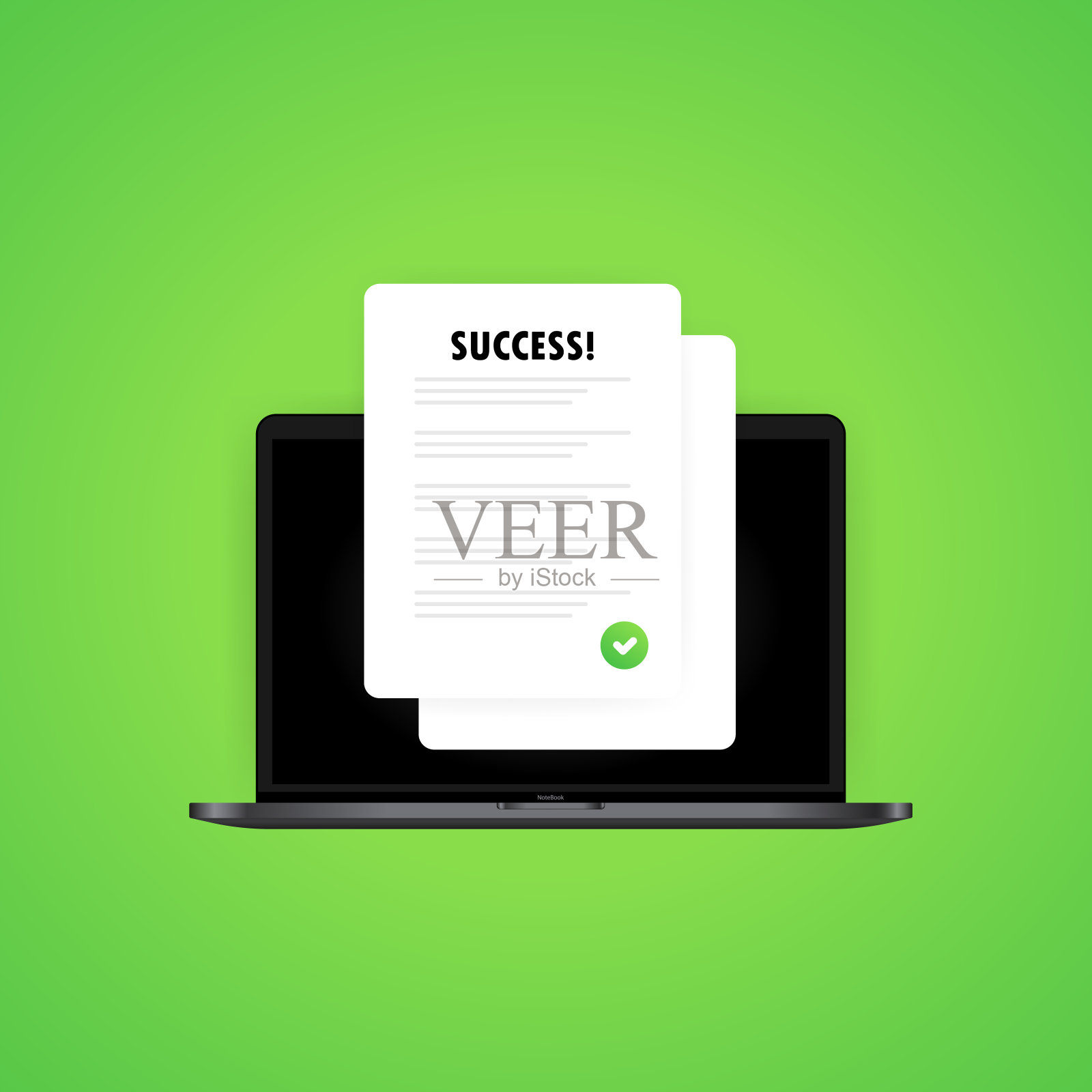 调查检查表或完成任务清单上的笔记本电脑插图。成功的结果。屏幕上的问卷报告,认可的测试或考试结果。矢量在孤立的白色背景。每股收益10插画图片素材