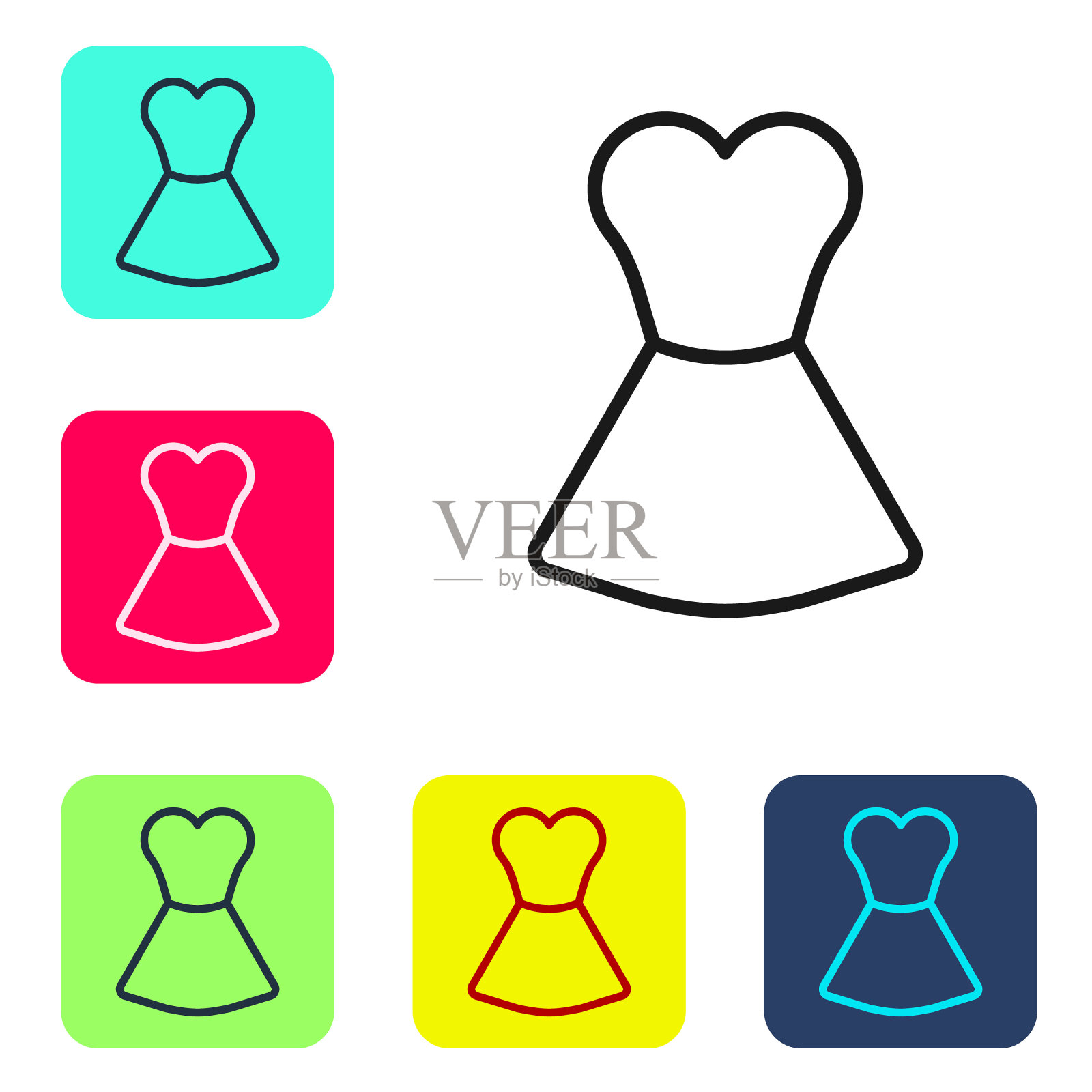 黑色线妇女服装图标孤立的白色背景。衣服的迹象。设置图标的颜色方形按钮。向量插画图片素材