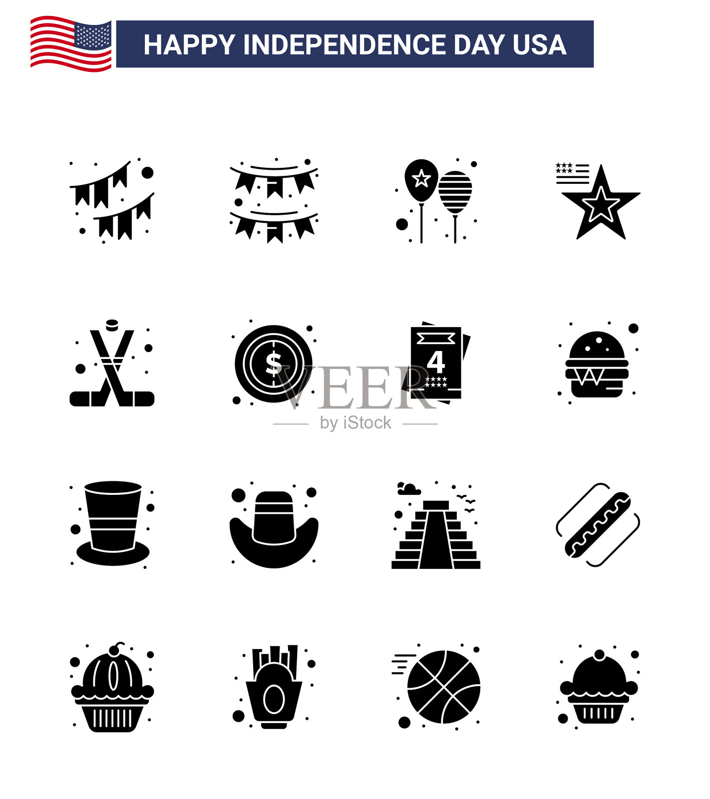 设置16个美国日图标美国标志插画图片素材