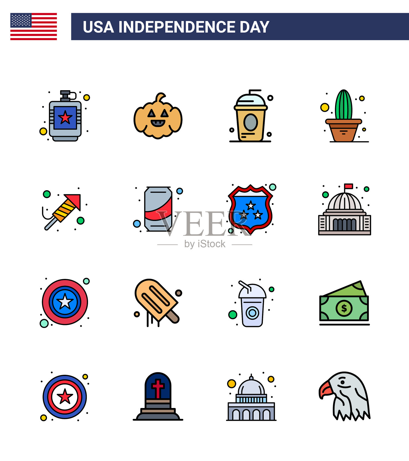 设置16个美国日图标美国标志插画图片素材