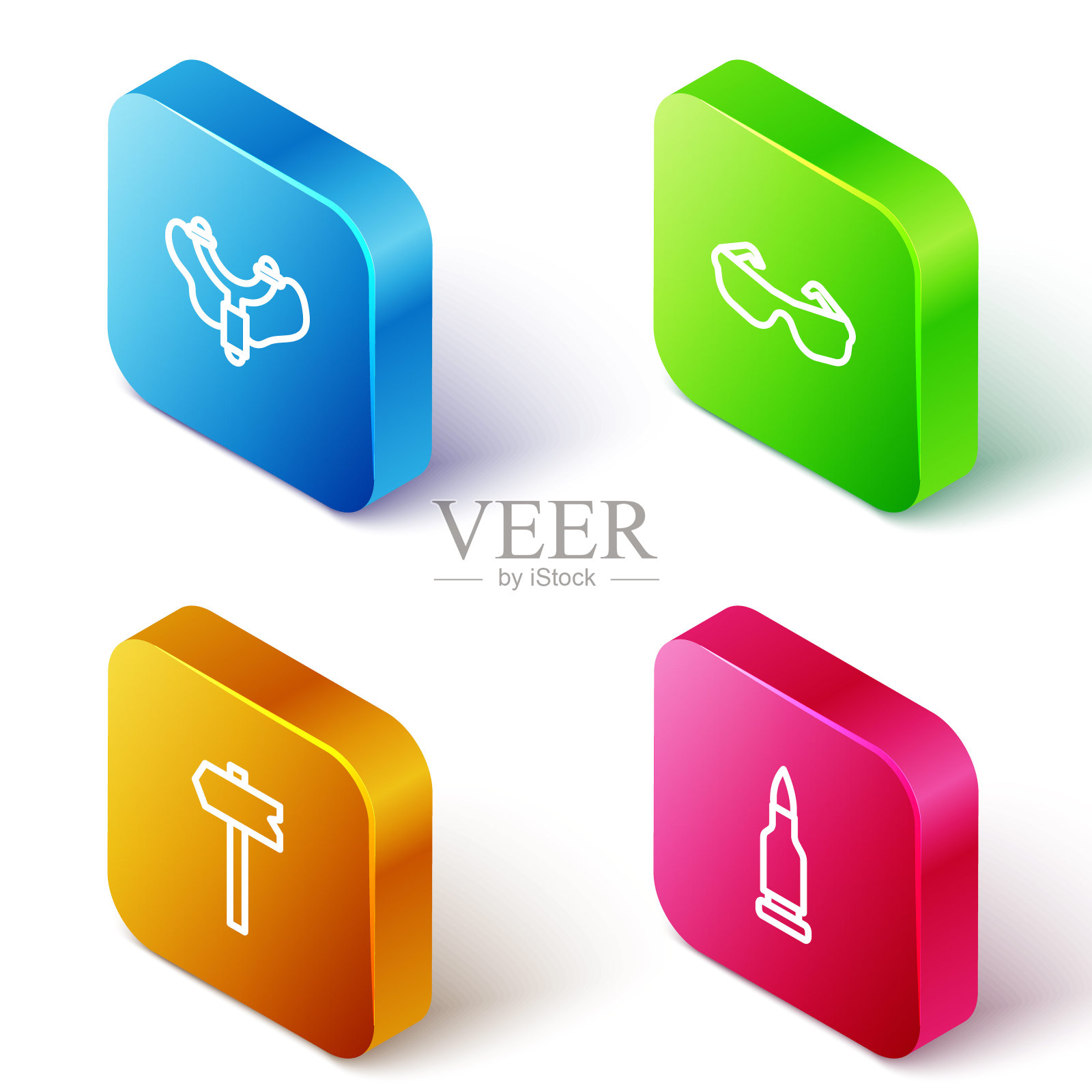 设置等距线弹弓,眼镜,道路交通标志和子弹图标。向量图标素材