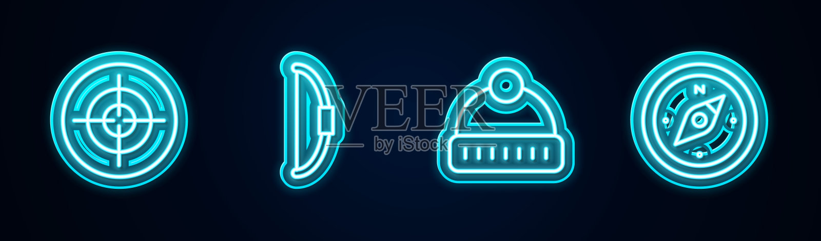 设线目标运动,弓,冬季帽和指南针。发光的霓虹灯图标。向量图标素材