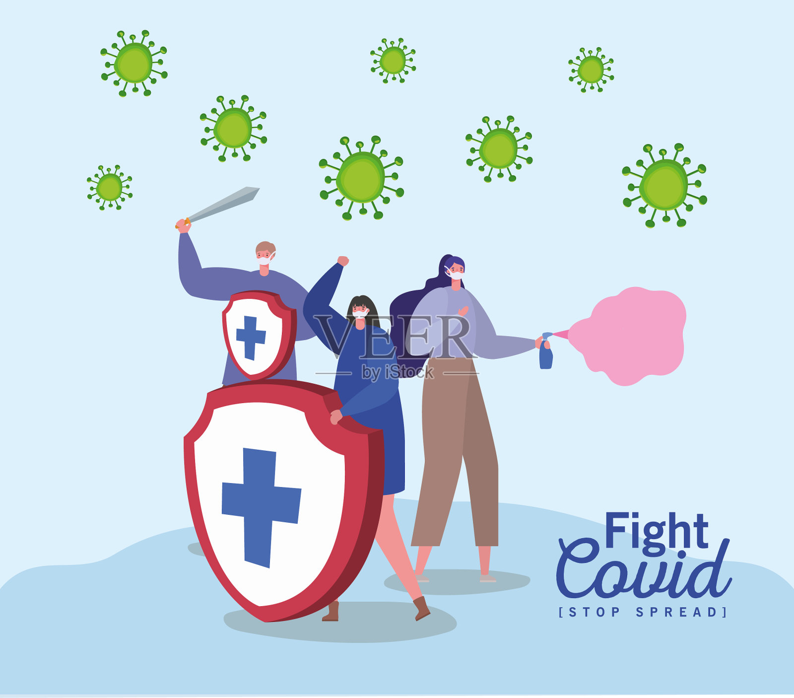 人们带着面具,盾牌,剑和喷雾战斗插画图片素材