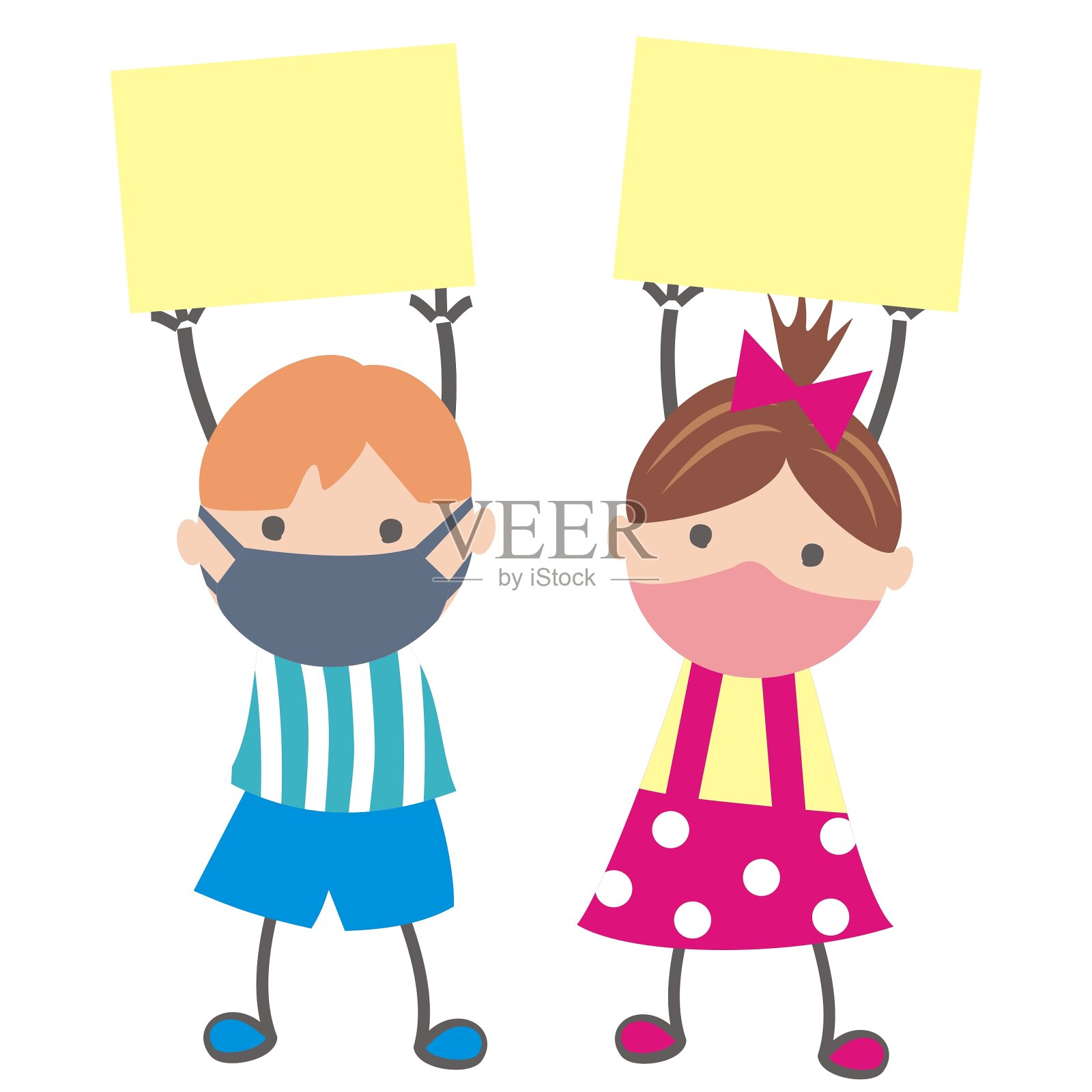 男孩和女孩在面具与旗帜,eps。插画图片素材