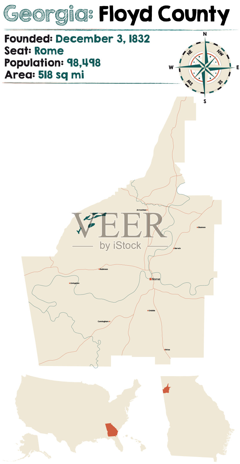 乔治亚州弗洛伊德县的地图插画图片素材