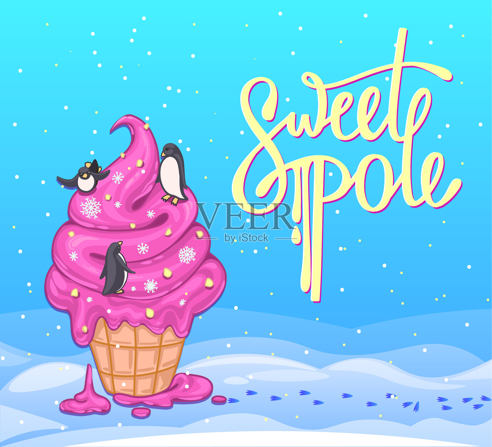 明信片冰淇淋在华夫饼杯和企鹅插画图片素材