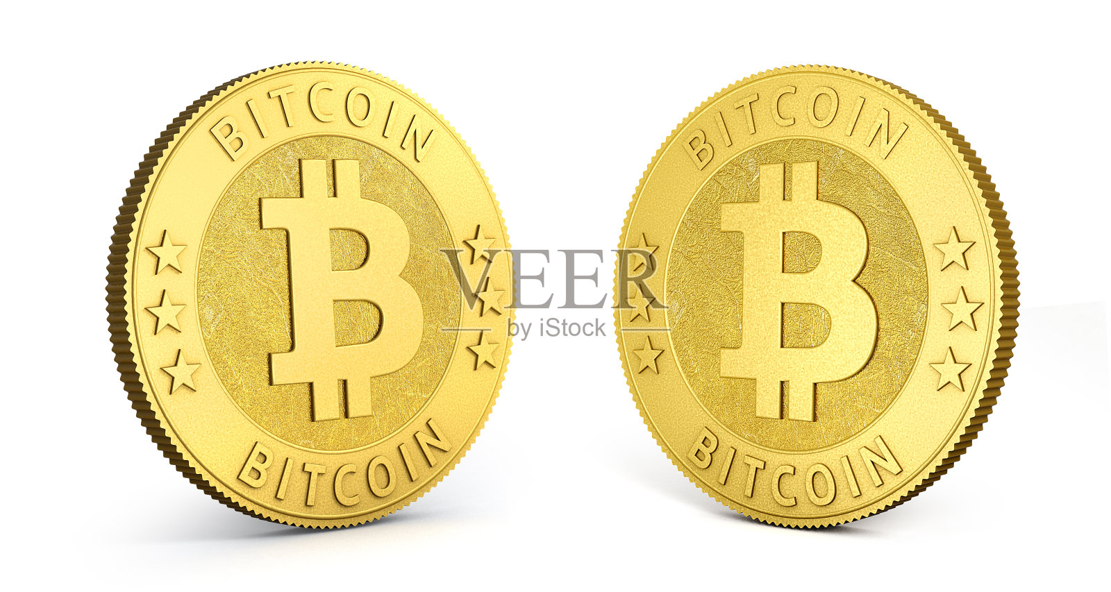 带有比特币标志的金币孤立在白色背景上。3 d演示。3 d渲染。照片摄影图片