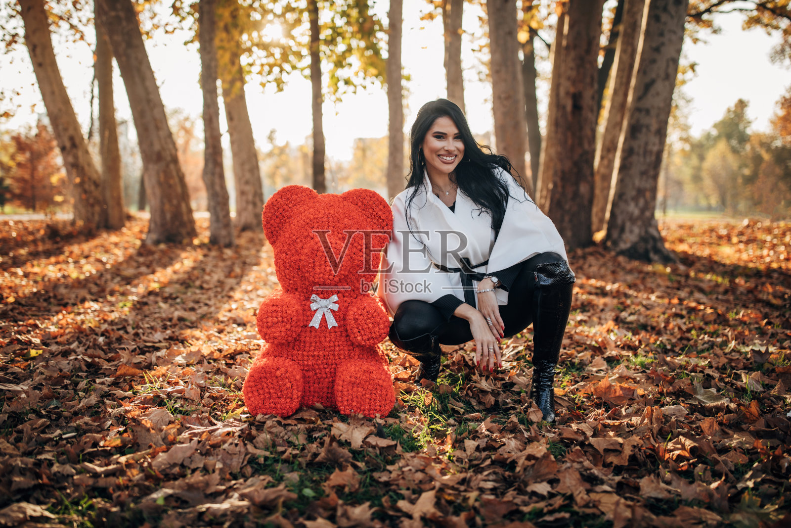 公园里的美女带着红色的大泰迪熊照片摄影图片