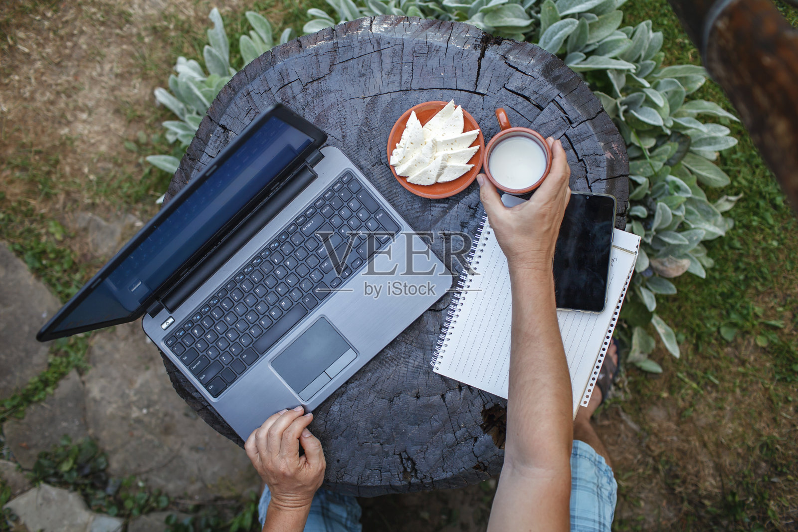 家庭办公室概念,封锁期间远程办公。一个在农场远程工作的人照片摄影图片