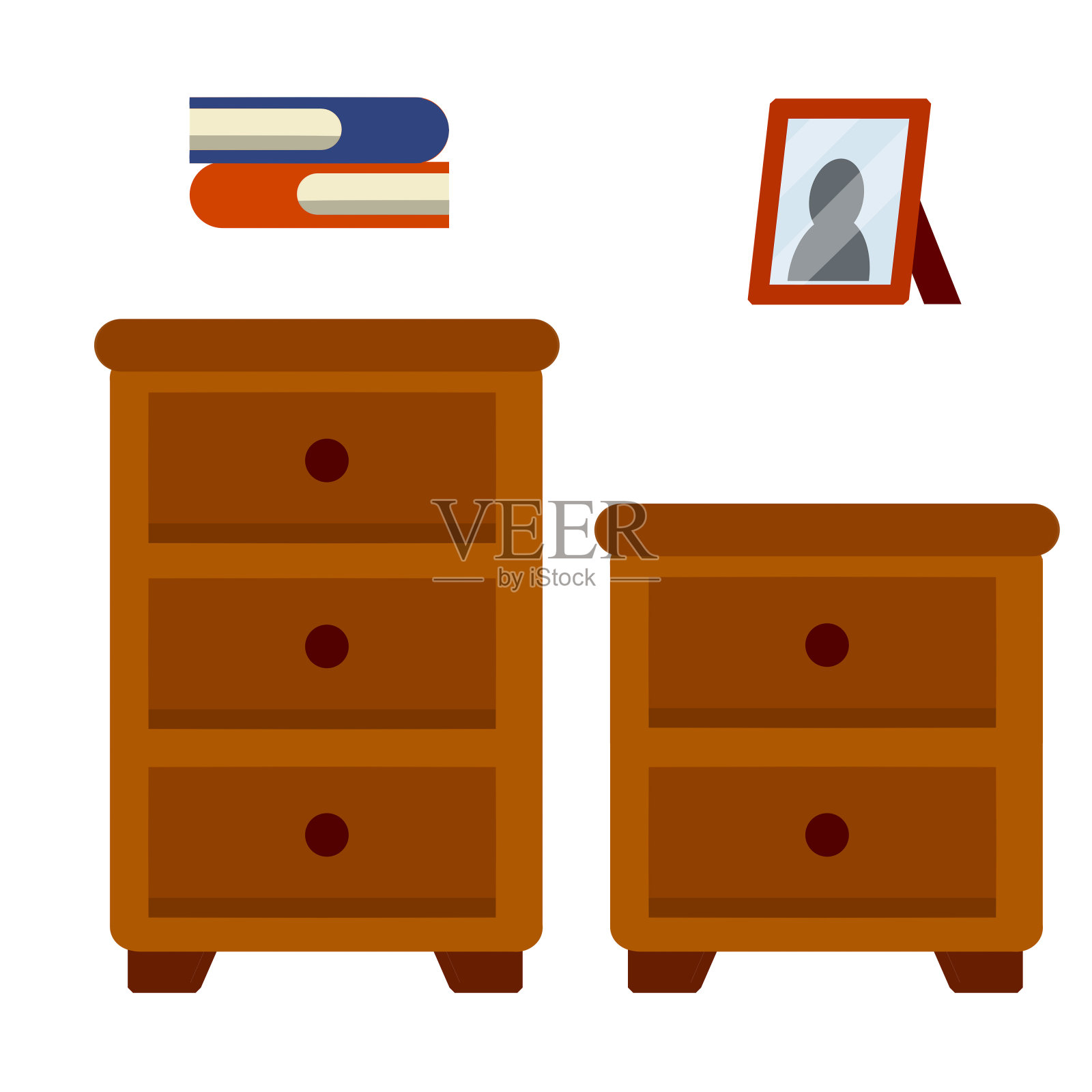 床头柜和小衣柜。棕色的带抽屉的木制家具。床边的桌子上。平的卡通插画图片素材