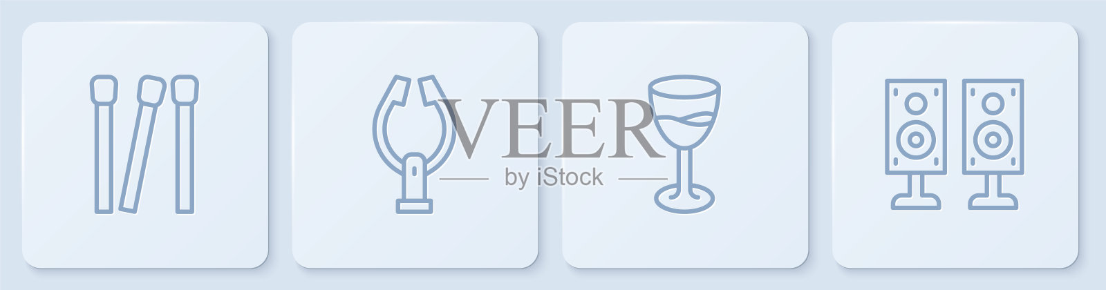 配线火柴,酒杯,肉钳,立体声扬声器。白色正方形按钮。向量插画图片素材