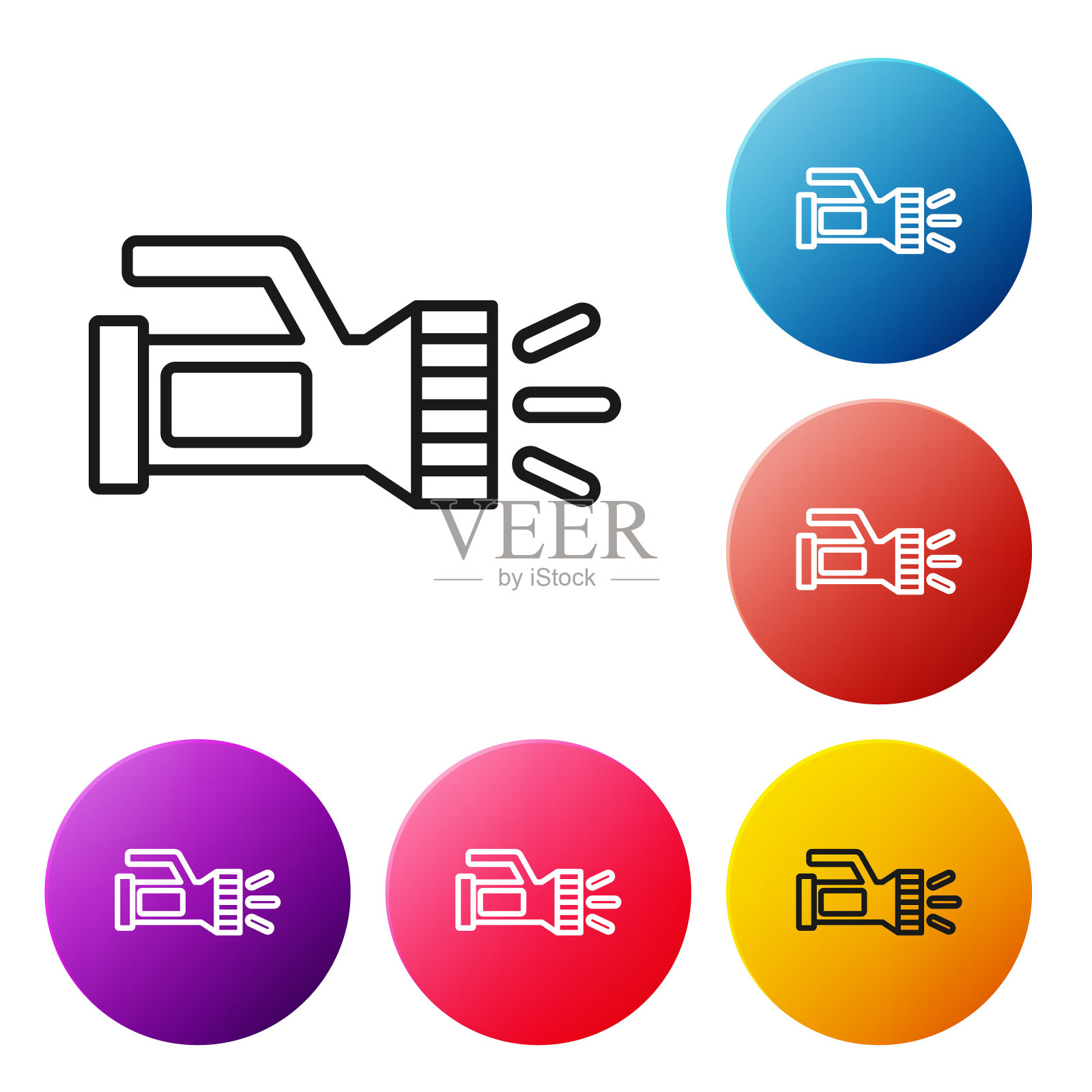 黑色线潜水员图标手电筒孤立在白色背景。在水下潜水设备。设置彩色圆形按钮图标。向量图标素材