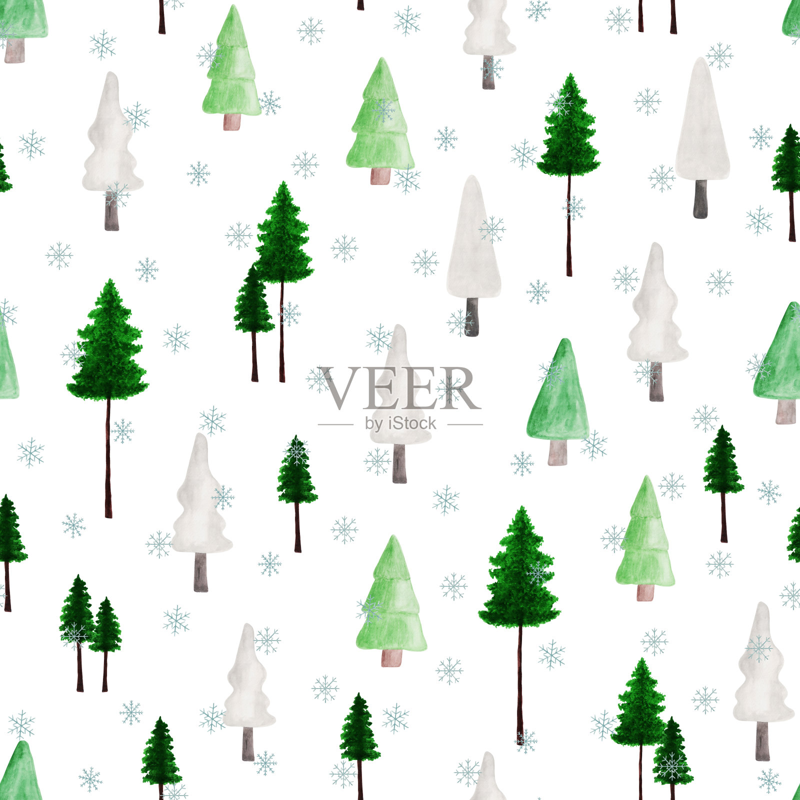 手绘水彩无缝图案可爱的绿色和白色的圣诞树,雪花。新年和圣诞节快乐的设计卡片,邀请,墙纸,包装纸,织物插图插画图片素材