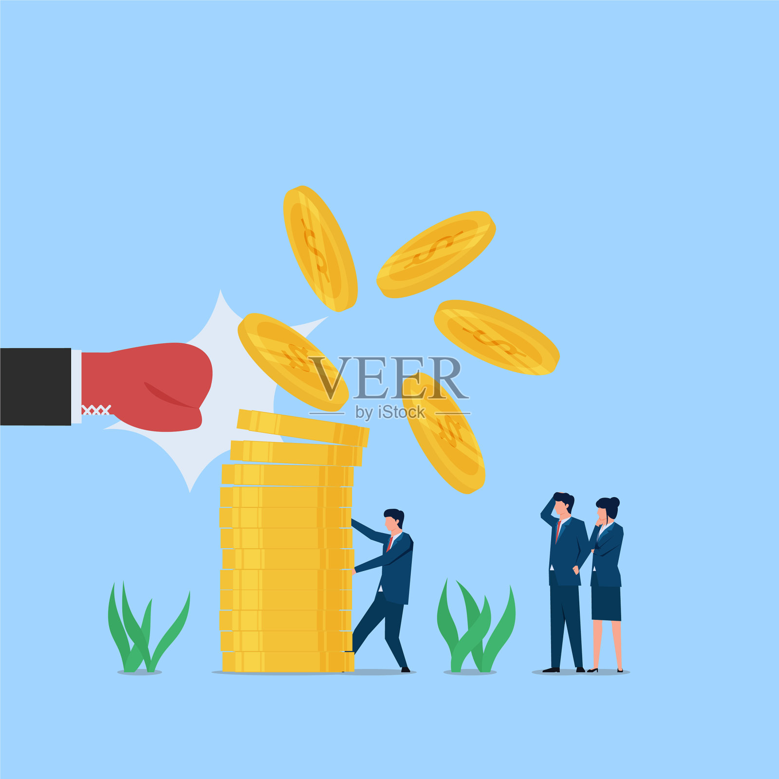 一只大手打在硬币堆上,一个人拿着它插画图片素材